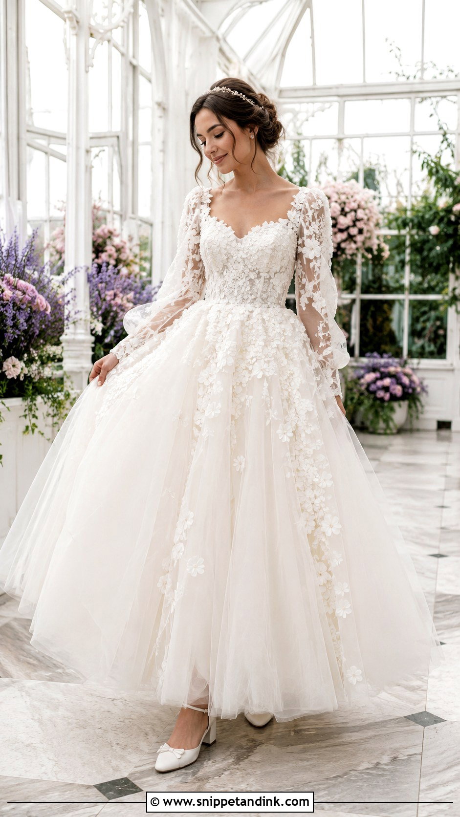 3D Flower Tulle Sleeve Wedding Dress - Snippet and Ink - 20 Whimsical Wedding Dress with Sleeves
