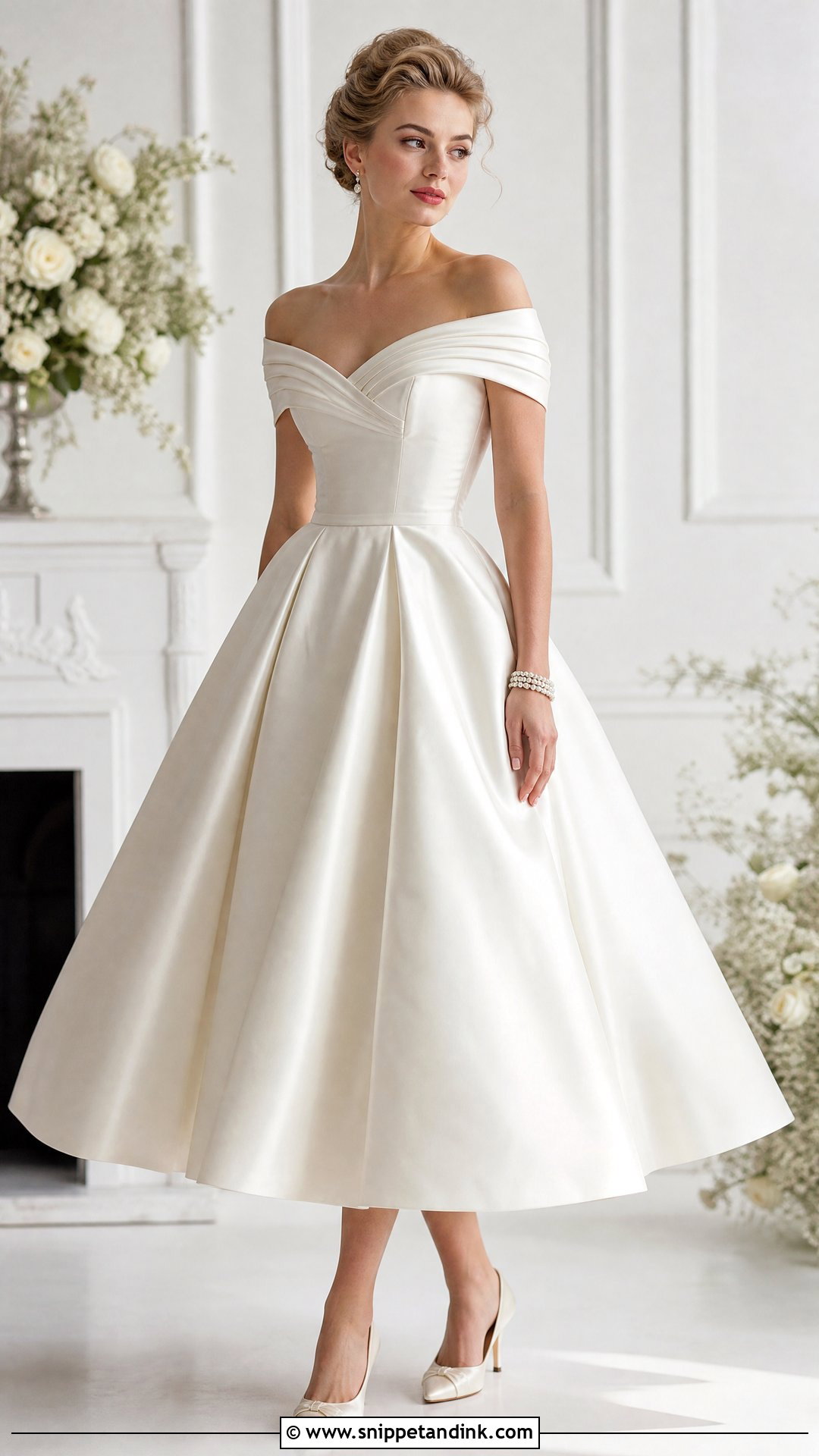 50s Style Off Shoulder Wedding Dress - Snippet and Ink - 25 50s Style Wedding Dress Ideas