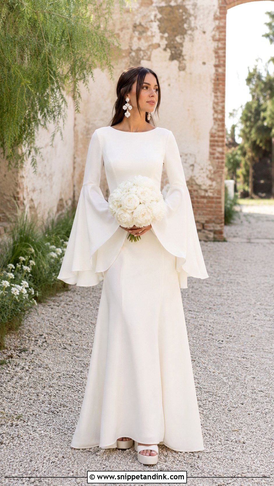 60s Bell Sleeve Wedding Dress With Platform Sandals - Snippet and Ink - 20 60s Inspired Wedding Dress Ideas