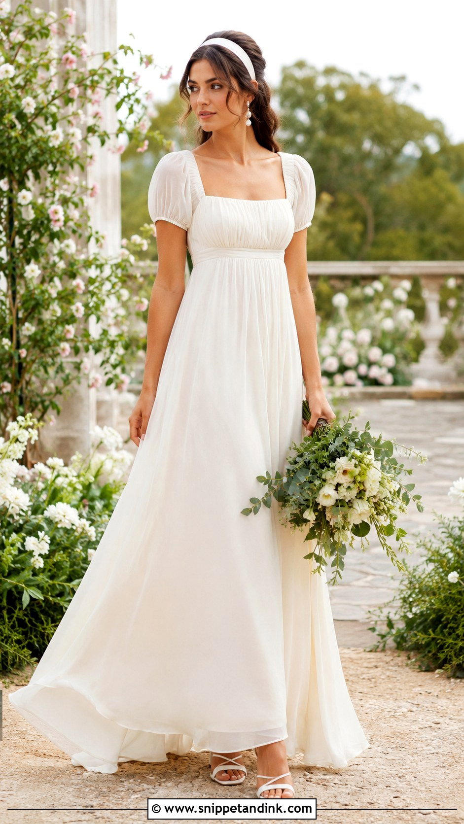 60s Empire Waist Wedding Dress With Headband - Snippet and Ink - 20 60s Inspired Wedding Dress Ideas