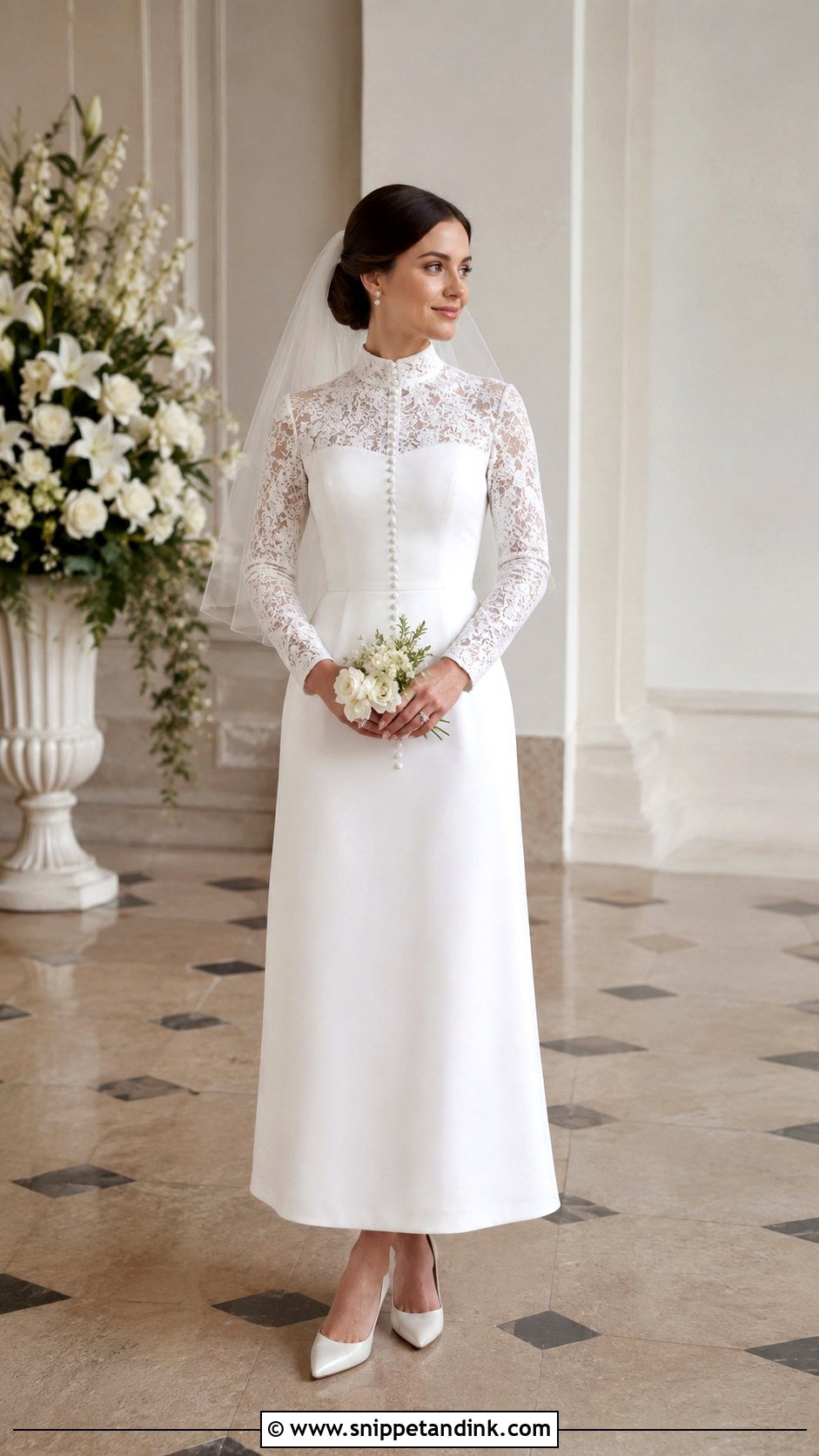 60s High Neck Wedding Dress With Long Sleeves - Snippet and Ink - 20 60s Inspired Wedding Dress Ideas