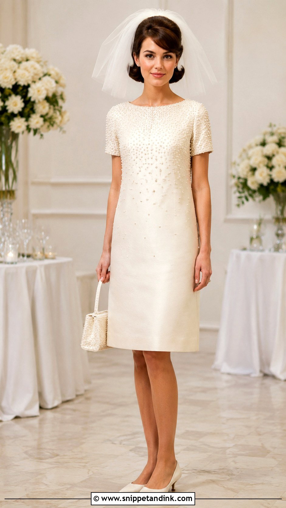 60s Pearl Wedding Dress With Short Veil - Snippet and Ink - 20 60s Inspired Wedding Dress Ideas