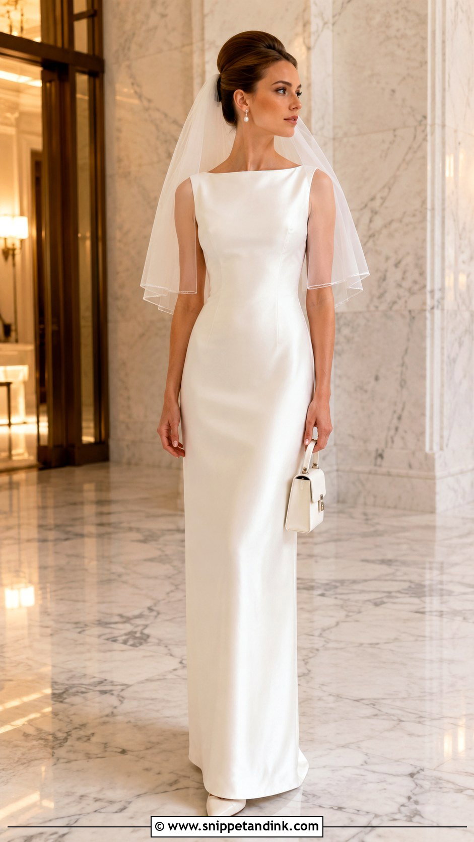 60s Satin Column Wedding Dress With Pearl Earrings - Snippet and Ink - 20 60s Inspired Wedding Dress Ideas