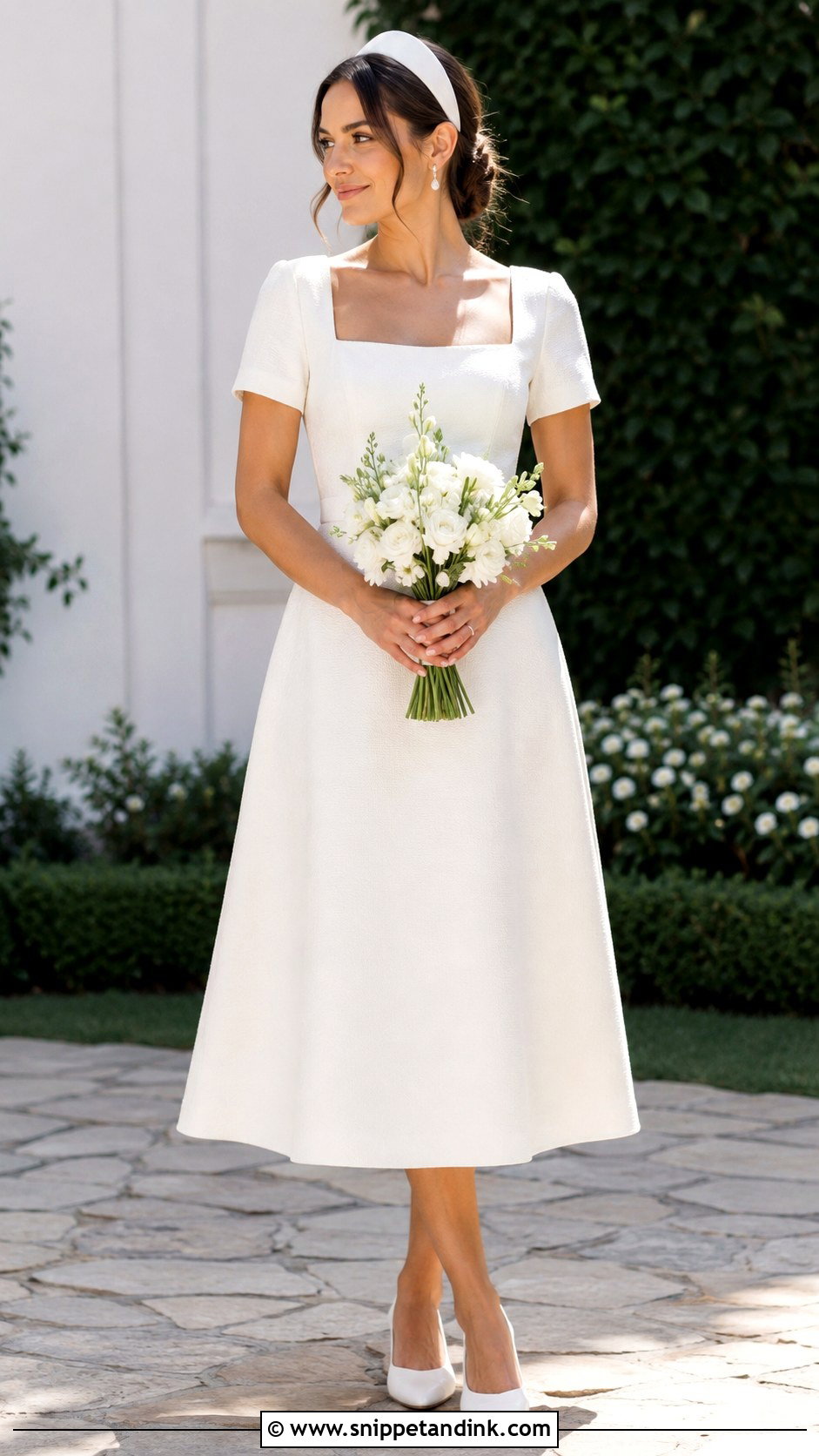 60s Square Neck Wedding Dress With Low Heels - Snippet and Ink - 20 60s Inspired Wedding Dress Ideas