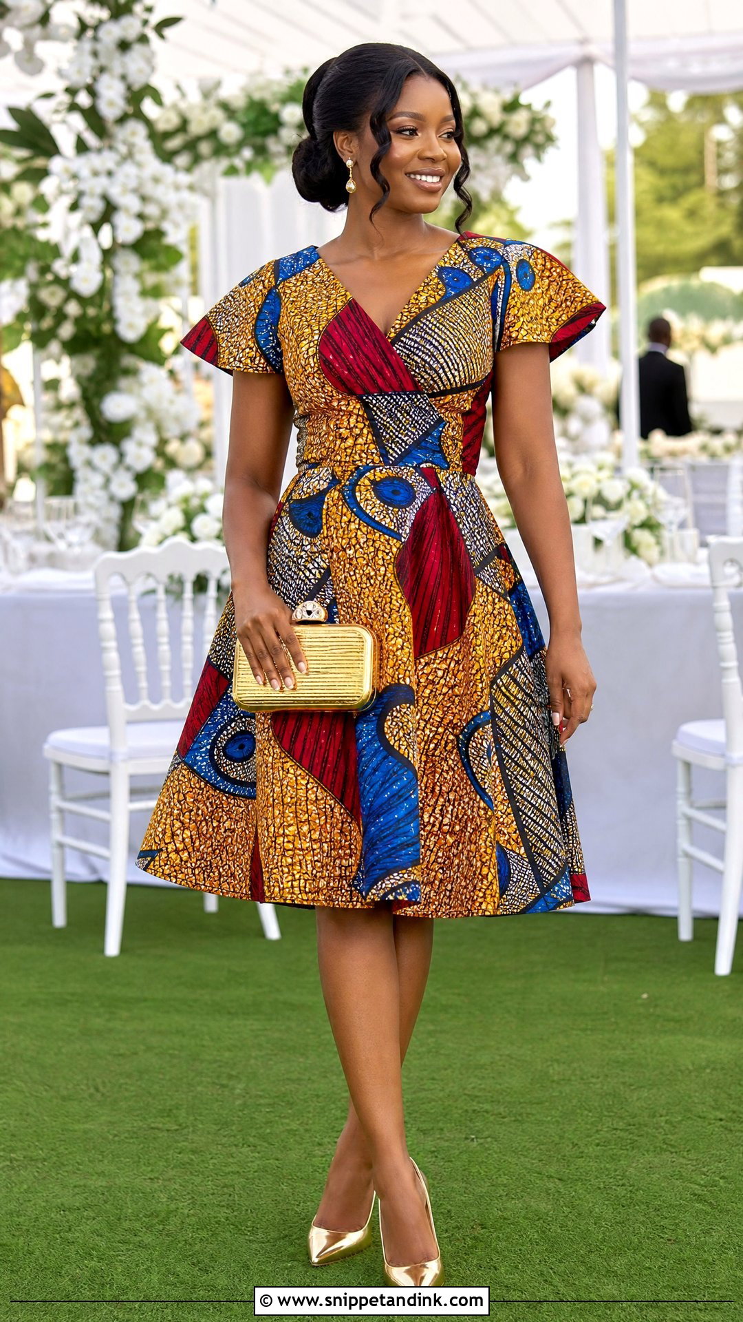 A Line Ankara Short Gown With Gold Pumps - Snippet and Ink - 20 Short Gown Ankara Styles for Wedding