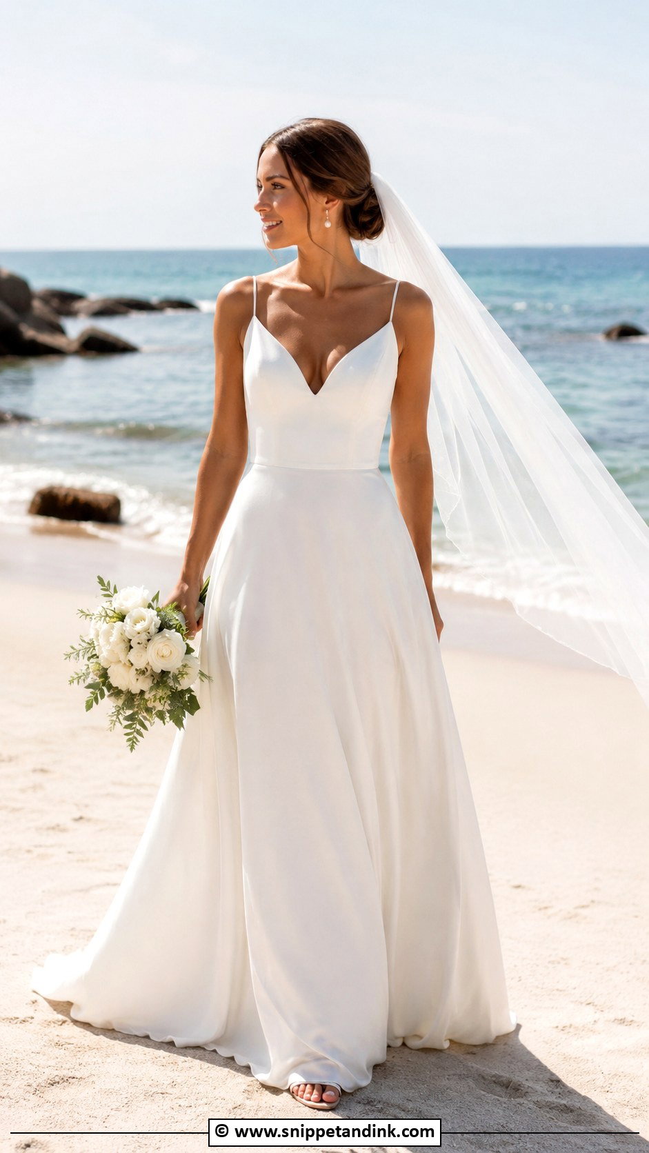 A Line Beach Bridal Dress With Simple Veil - Snippet and Ink - 30 Beach Bridal Dresses