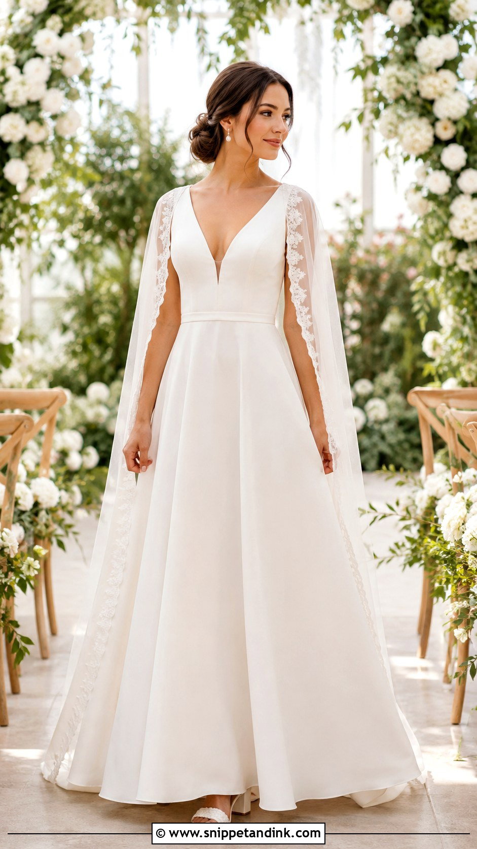 A Line Cape Sleeve Wedding Dress - Snippet and Ink - 20 Cape Sleeve Wedding Dress Ideas