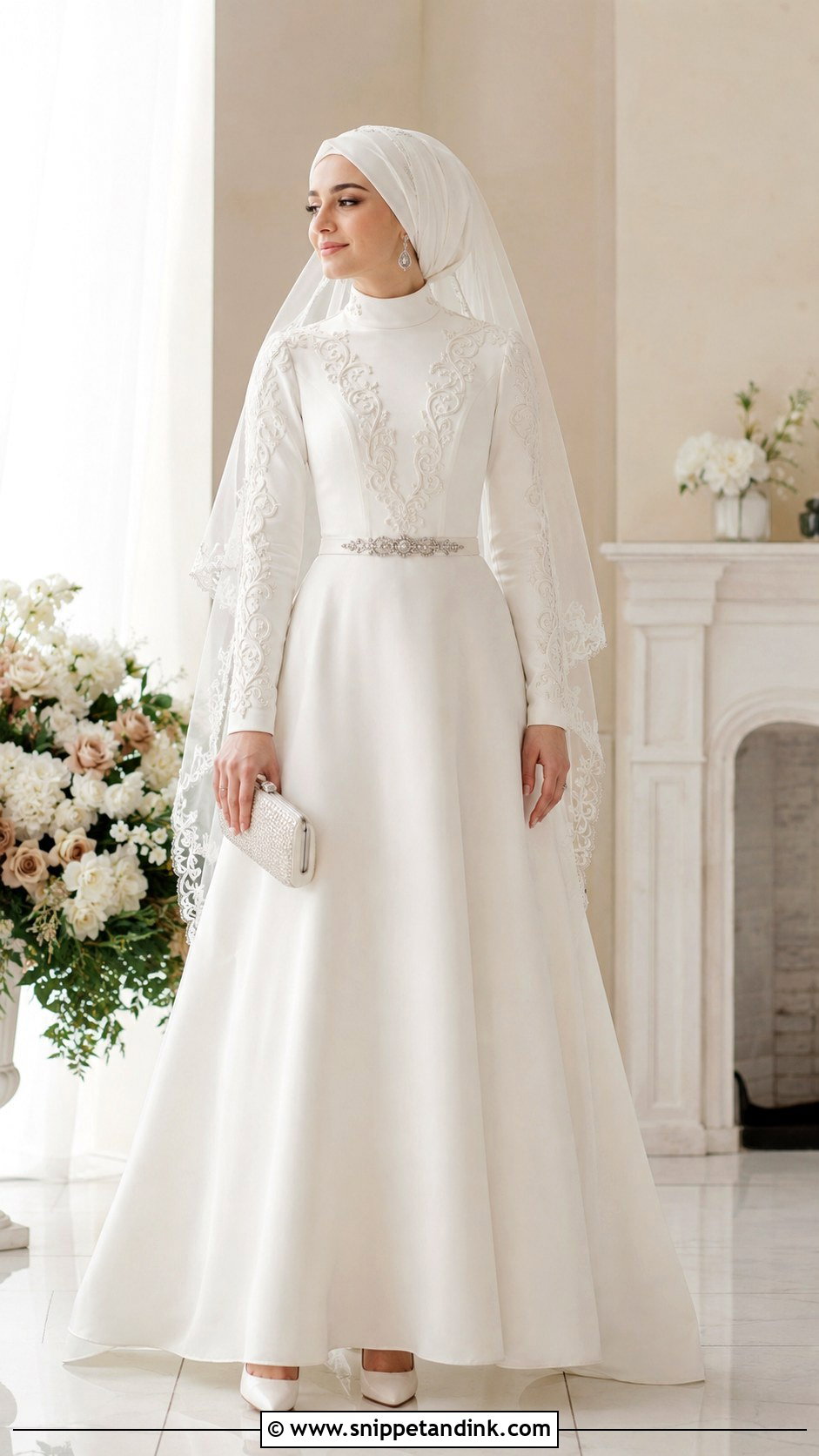 A Line Chechen Wedding Dress With Embroidered Sleeves - Snippet and Ink - 20 Chechen Wedding Dresses