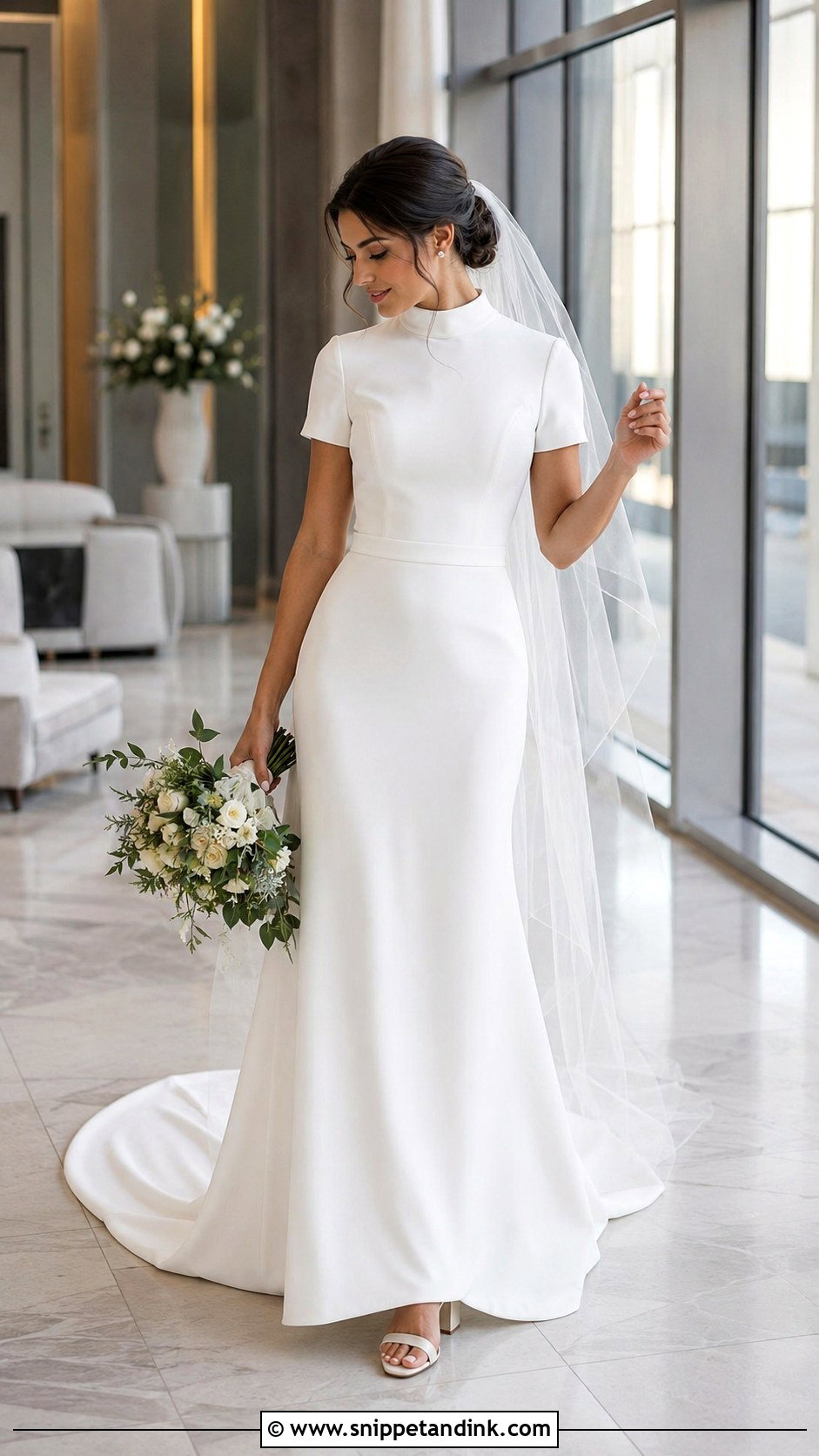 A Line Crepe Mock Neck Wedding Dress - Snippet and Ink - 20 Mock Neck Wedding Dress Ideas