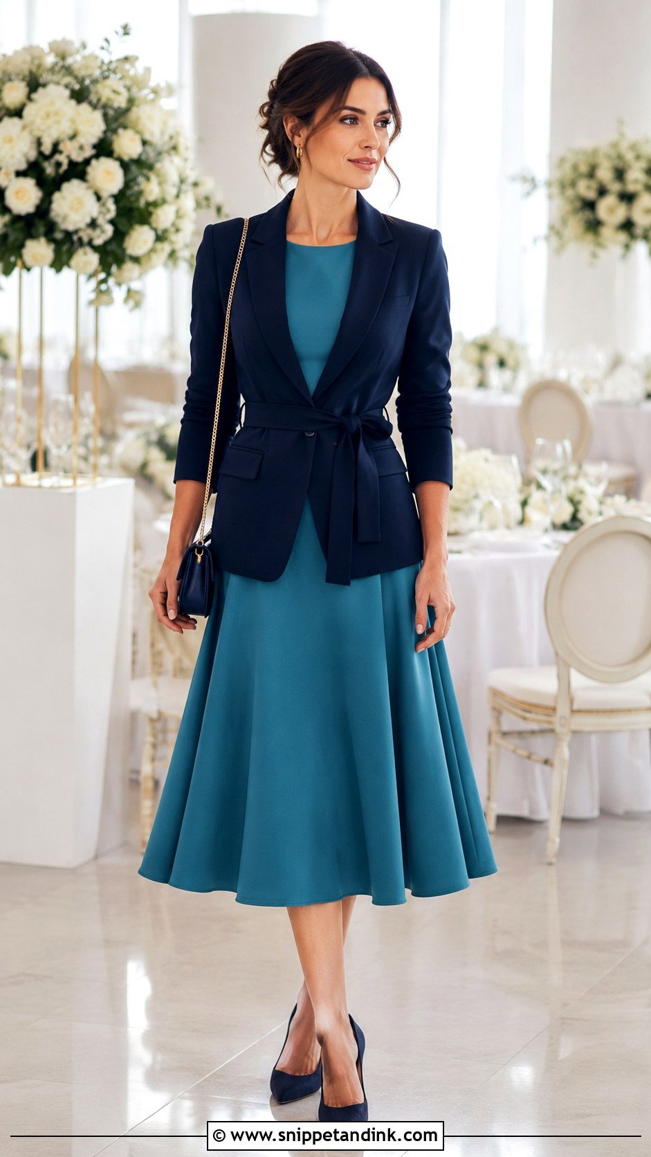 A Line Dress and Belted Blazer Wedding Outfit - Snippet and Ink - 20 Dress and Blazer Outfit Wedding Ideas