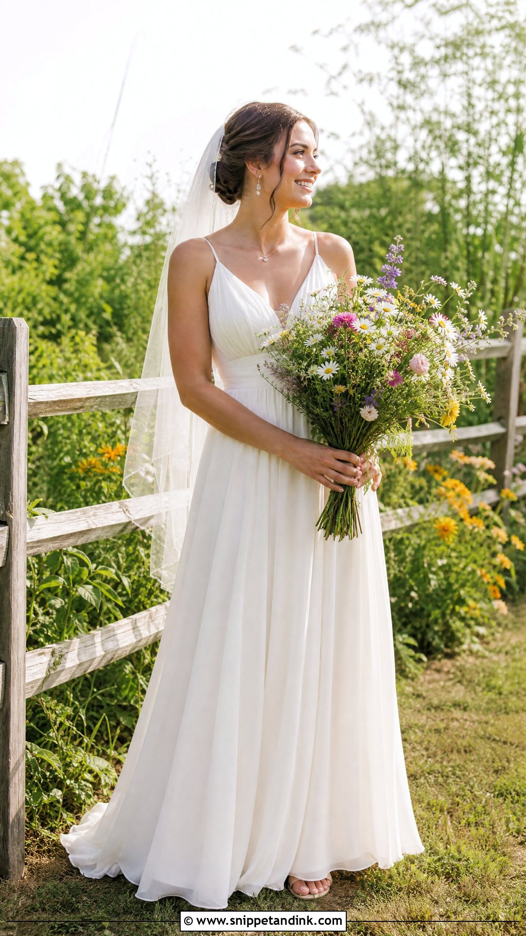 A Line Farm Wedding Dress With Wildflower Bouquet - Snippet and Ink - 25 Farm Wedding Dress Ideas