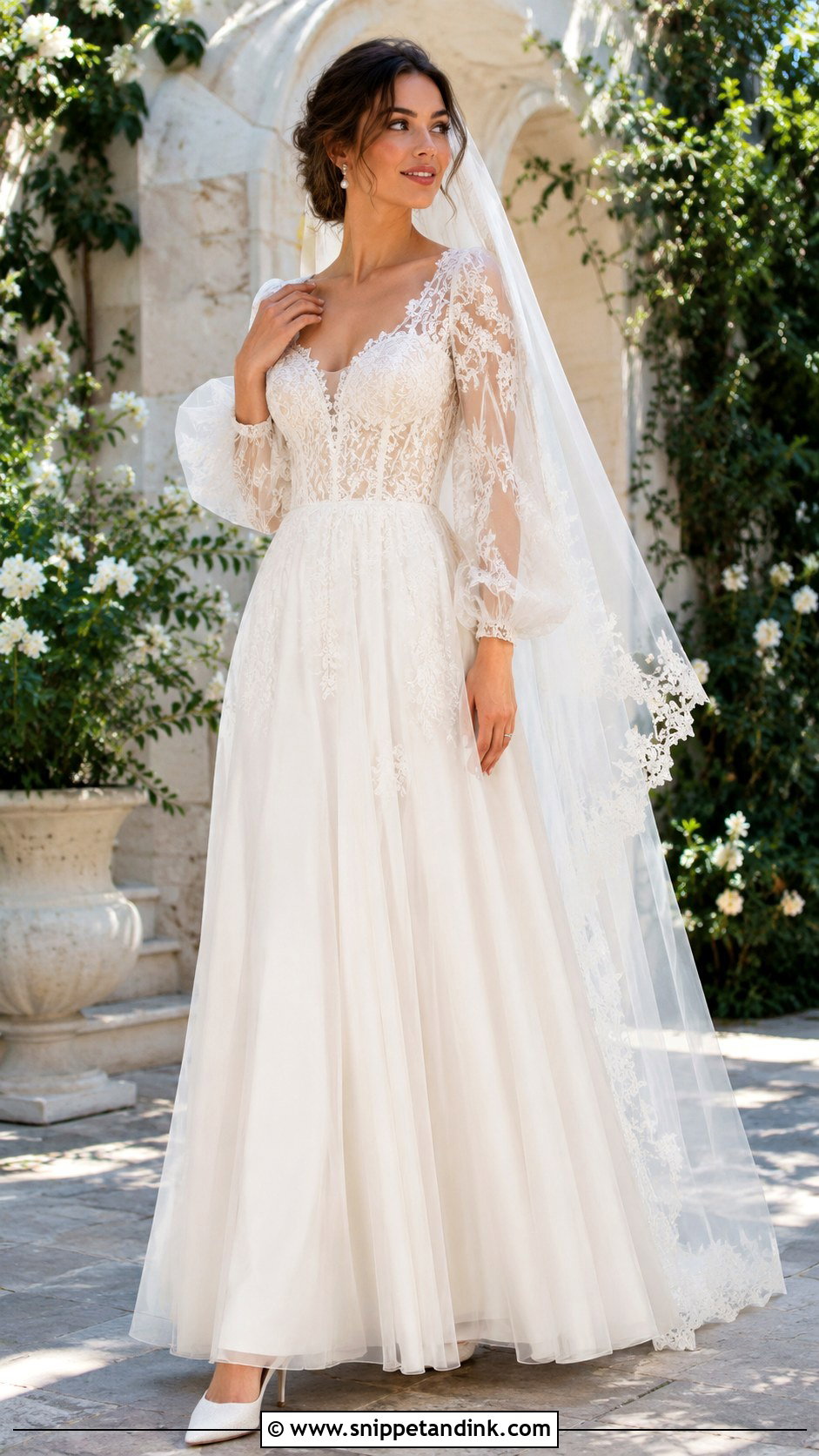 A Line Lace Balloon Sleeve Wedding Dress - Snippet and Ink - 20 Balloon Sleeve Wedding Dress Ideas