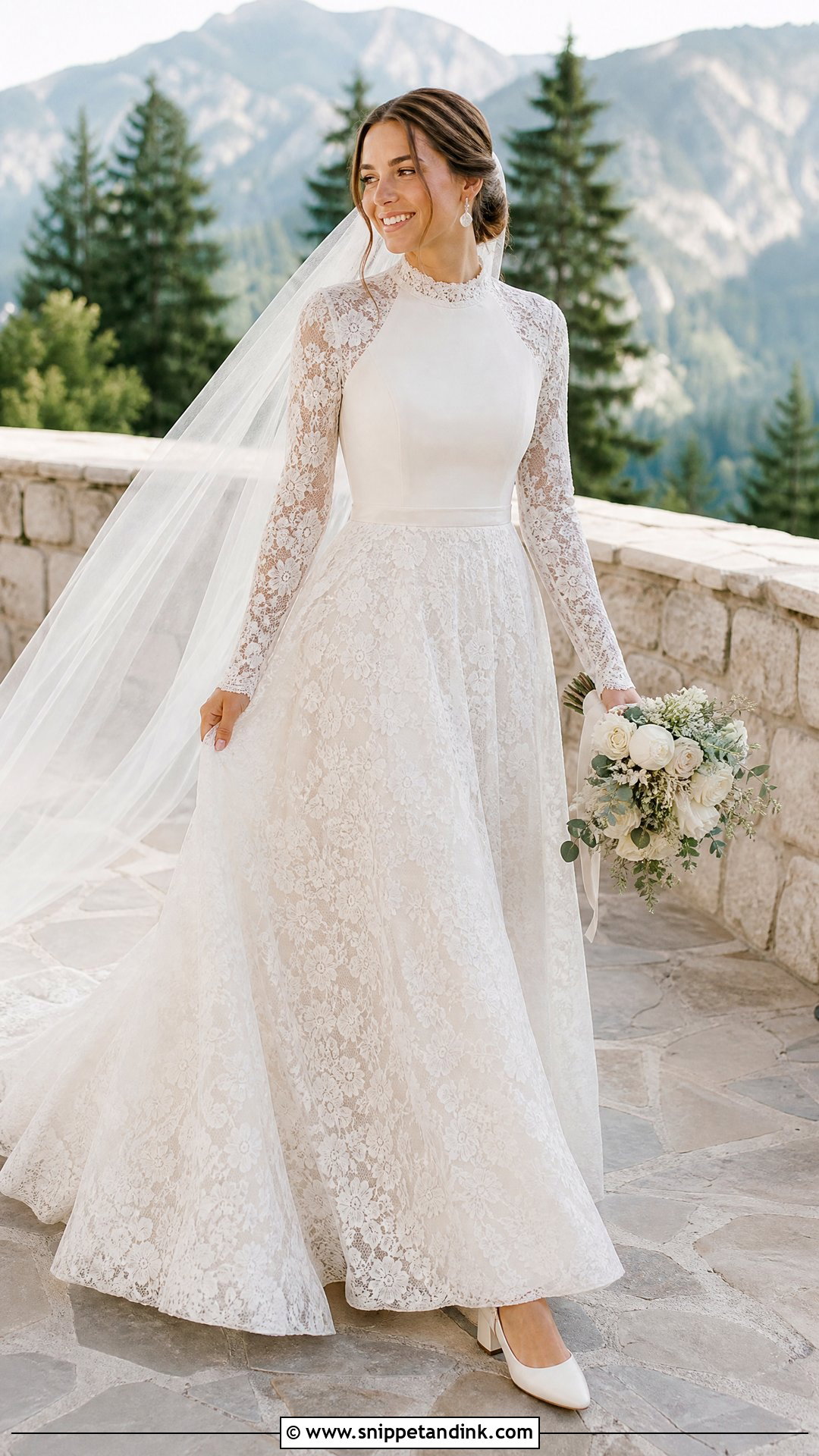 A Line Lace Wedding Dress - Snippet and Ink - 20 Lily Collin’s Wedding Dress Ideas