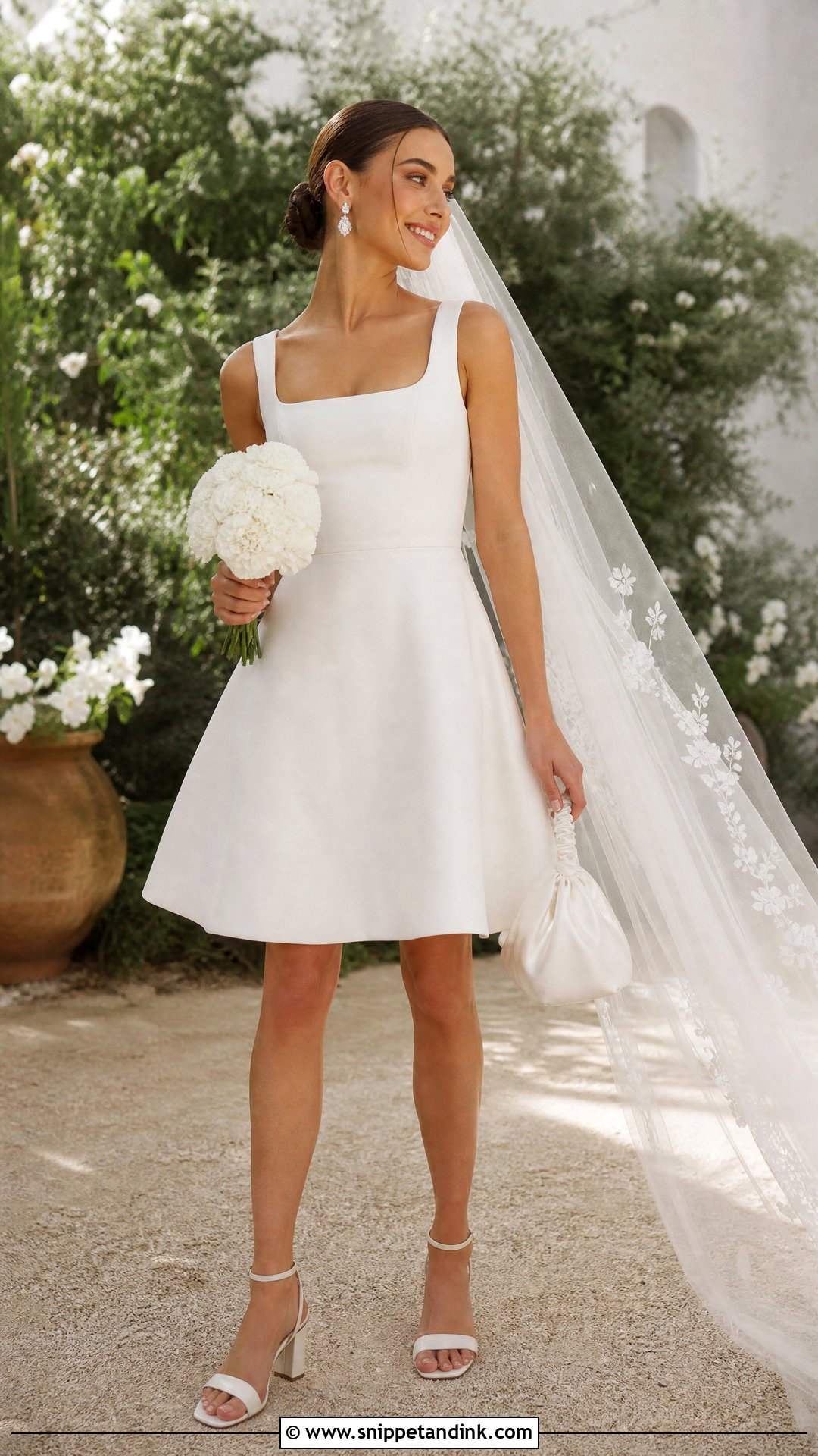 A Line Mini Dress With Embroidered Veil - Snippet and Ink - 20 Short Dress Long Veil Ideas