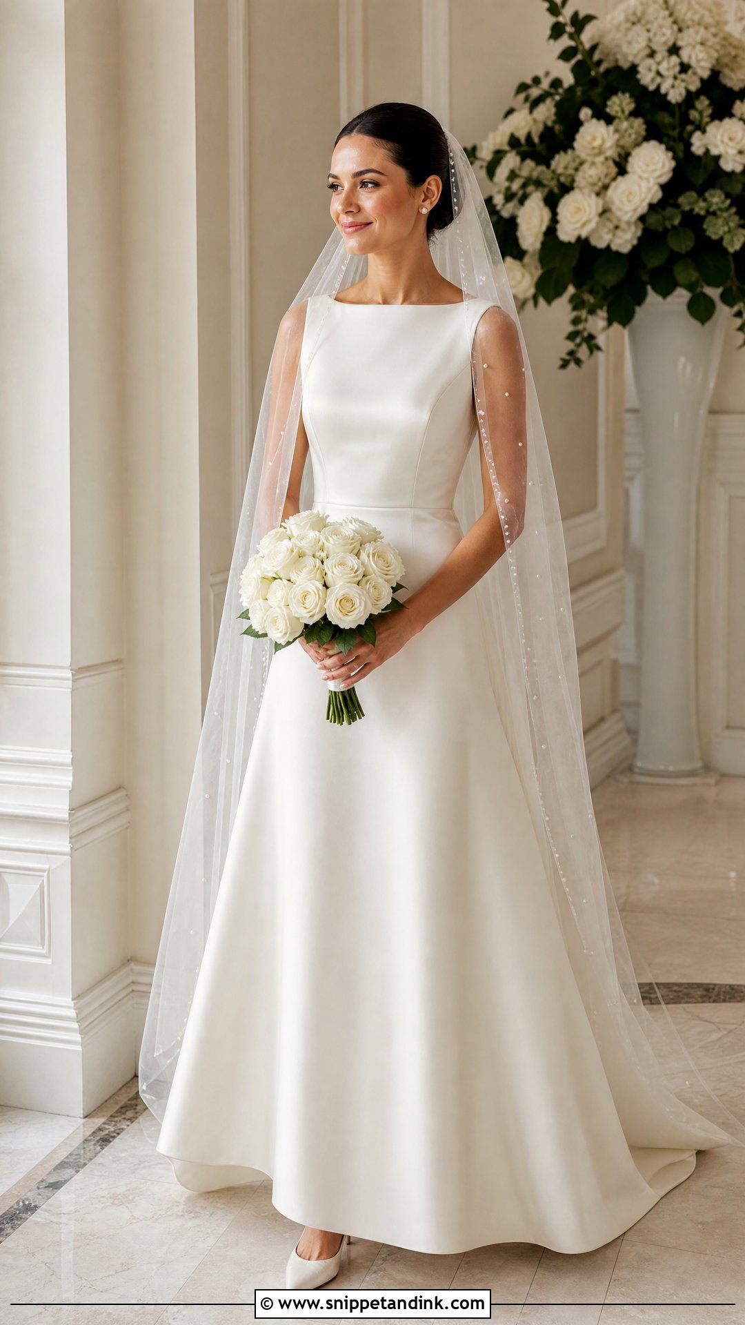 A Line Satin Wedding Dress With Pearl Veil - Snippet and Ink - 20 Simple Traditional Wedding Dress Ideas