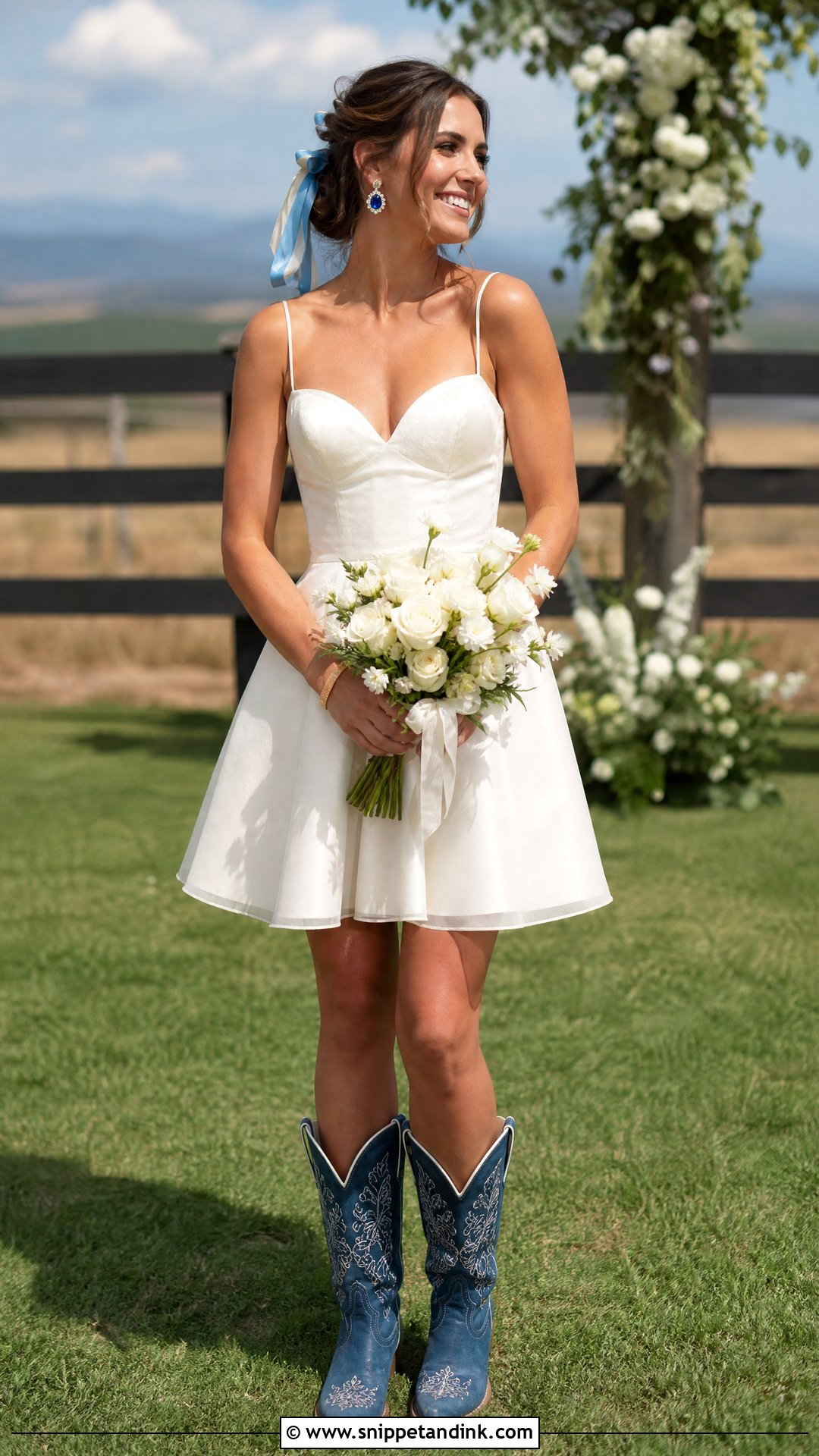 A Line Short Wedding Dress With Blue Cowboy Boots - Snippet and Ink - 20 Short Wedding Dress with Boots Ideas