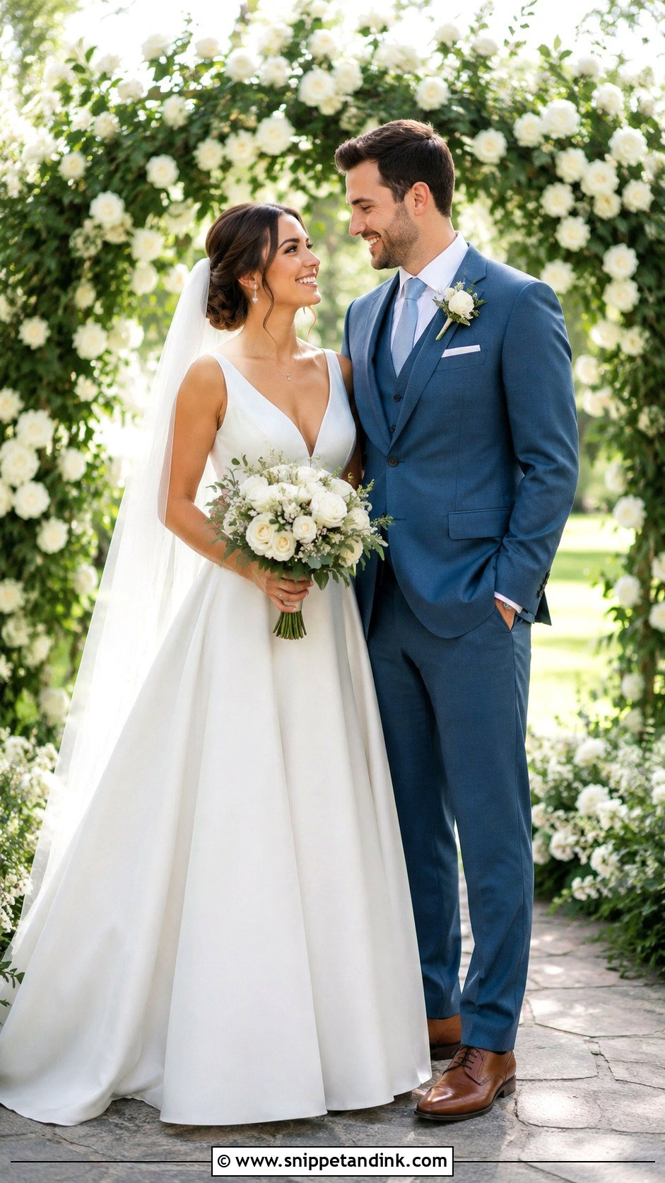 A Line Wedding Dress And Blue Suit Wedding Couple Outfit - Snippet and Ink - 25 Wedding Couple Outfits