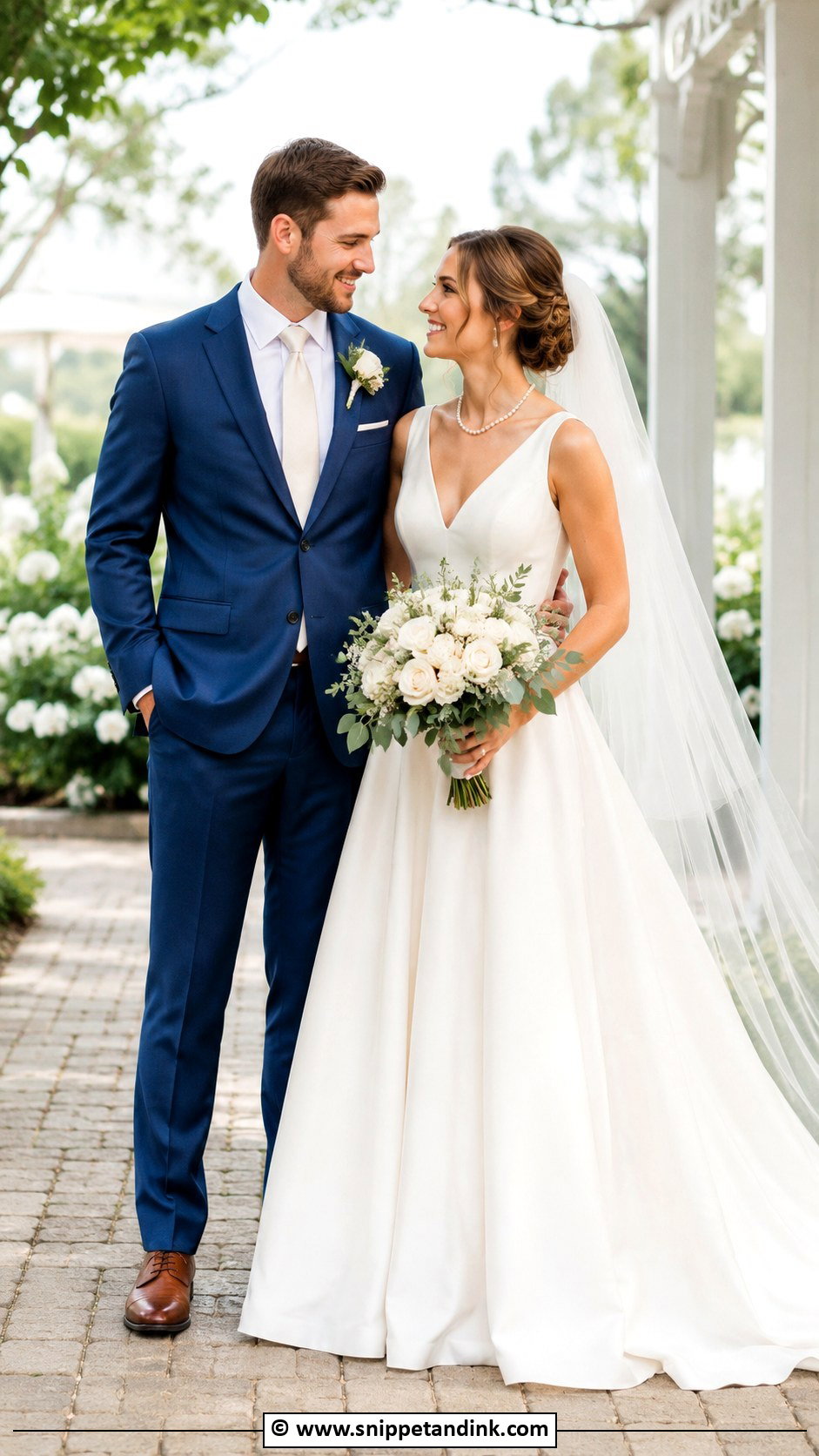 A Line Wedding Dress And Blue Suit - Snippet and Ink - 30 Couple Wedding Dress Ideas