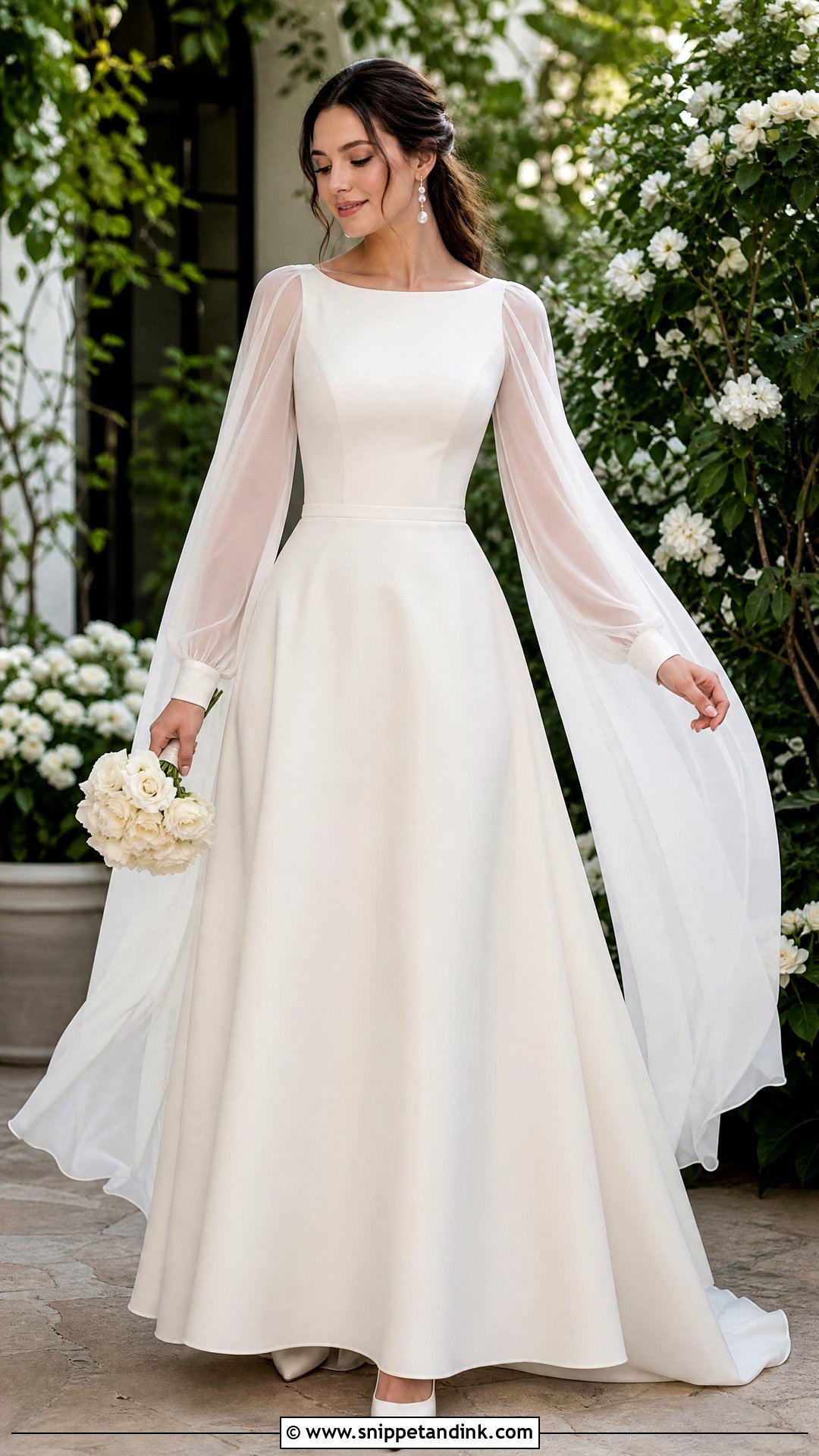 A Line Wedding Dress With Chiffon Cape Sleeves - Snippet and Ink - 20 Wedding Dress with Cape Sleeves