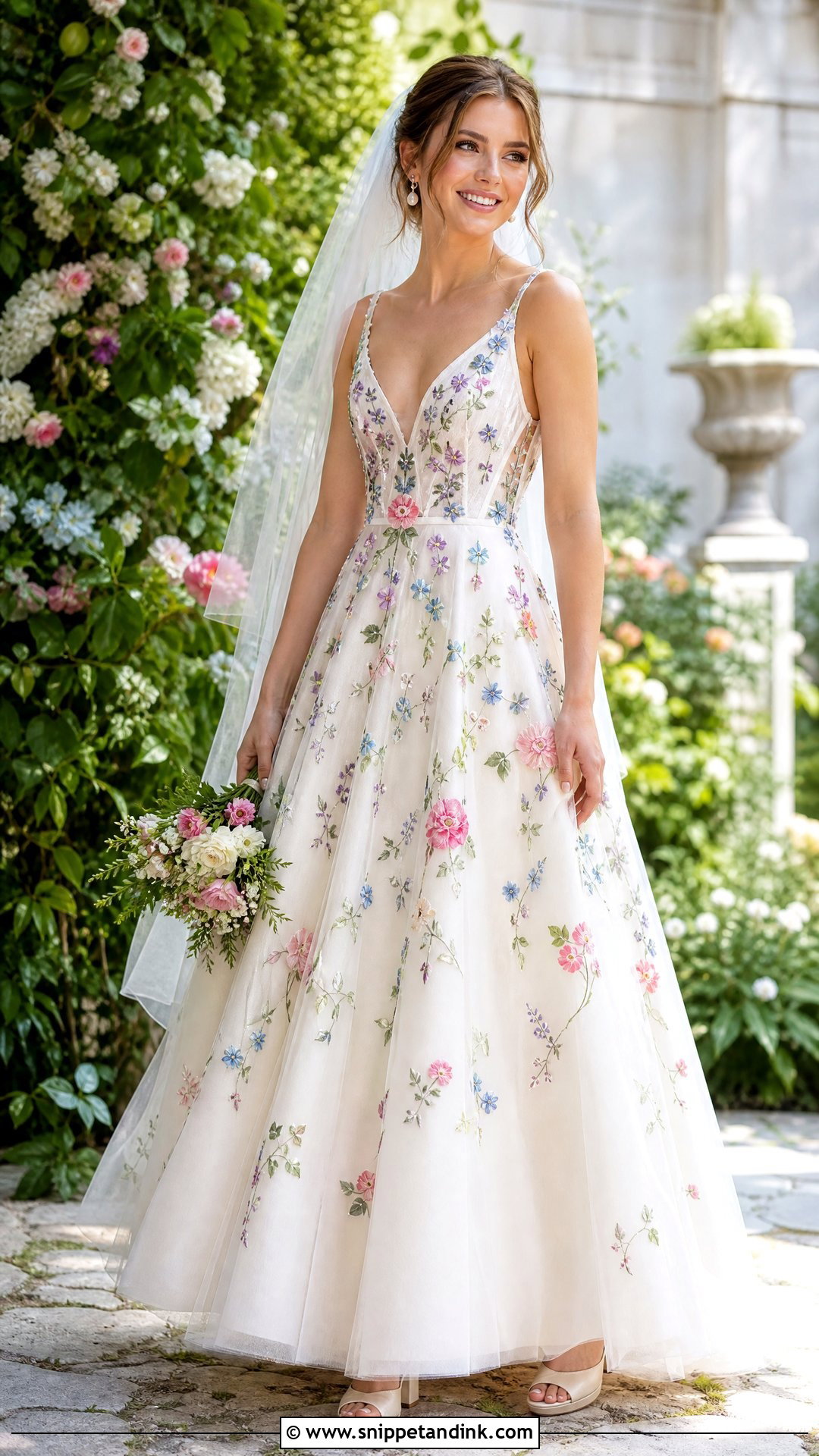 A Line Wedding Dress With Colorful Floral Embroidery - Snippet and Ink - 20 Wedding Dress with Colorful Flowers