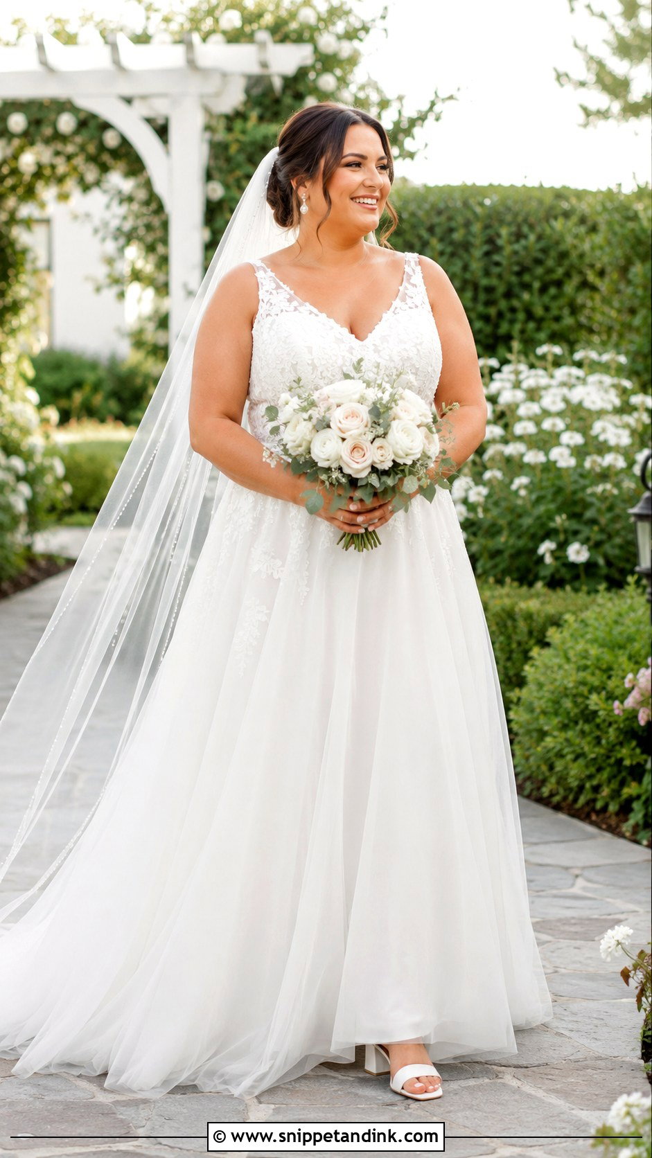 A Line Wedding Dress With Pearl Veil - Snippet and Ink - 30 Midsize Wedding Dress Ideas