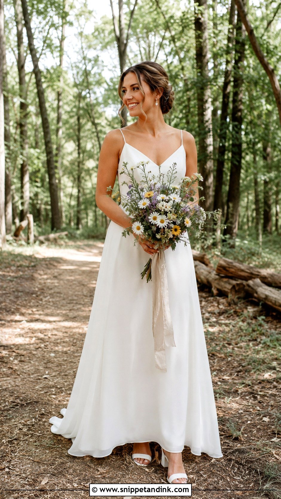A Line Wedding Dress With Wildflower Bouquet - Snippet and Ink - 25 Woodsy Wedding Dress Ideas