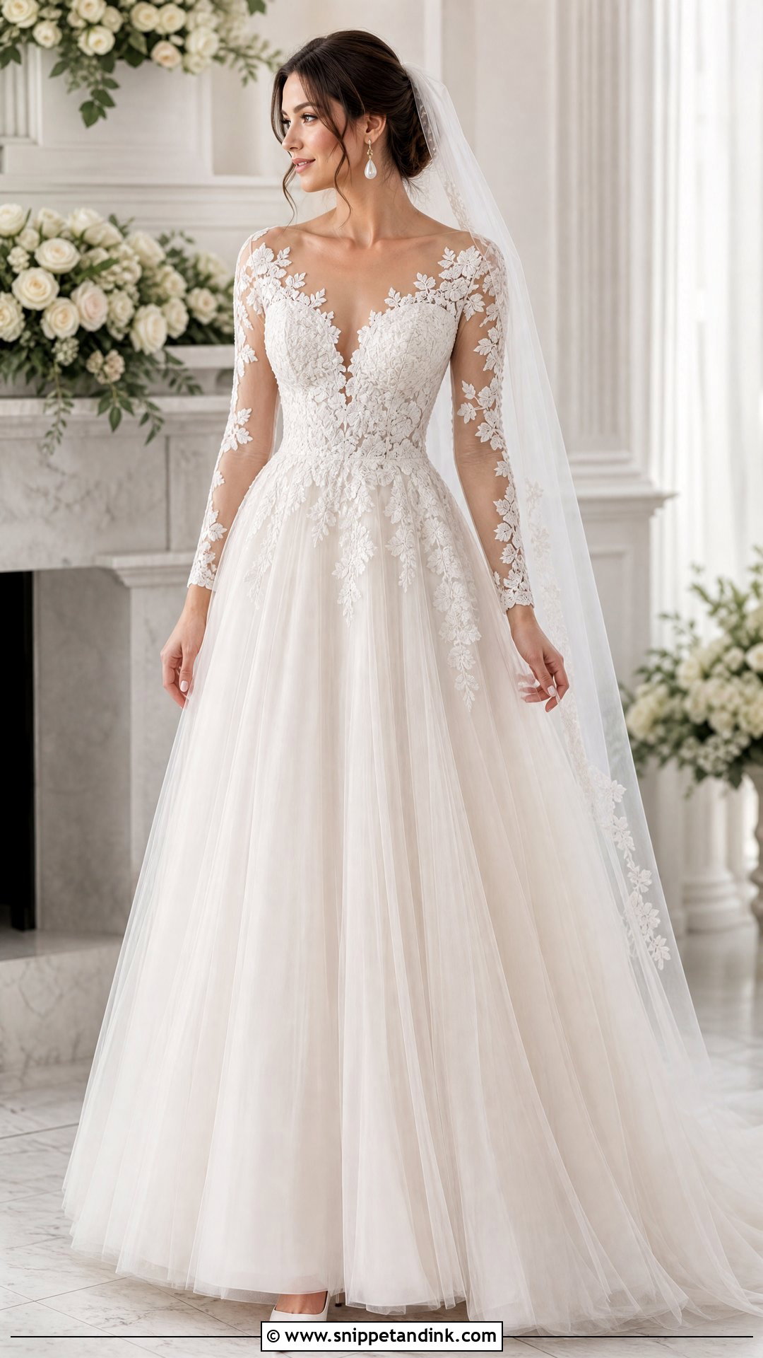 A Line Wedding Dress with Mesh Sleeves - Snippet and Ink - 20 Wedding Dress with Mesh Sleeves