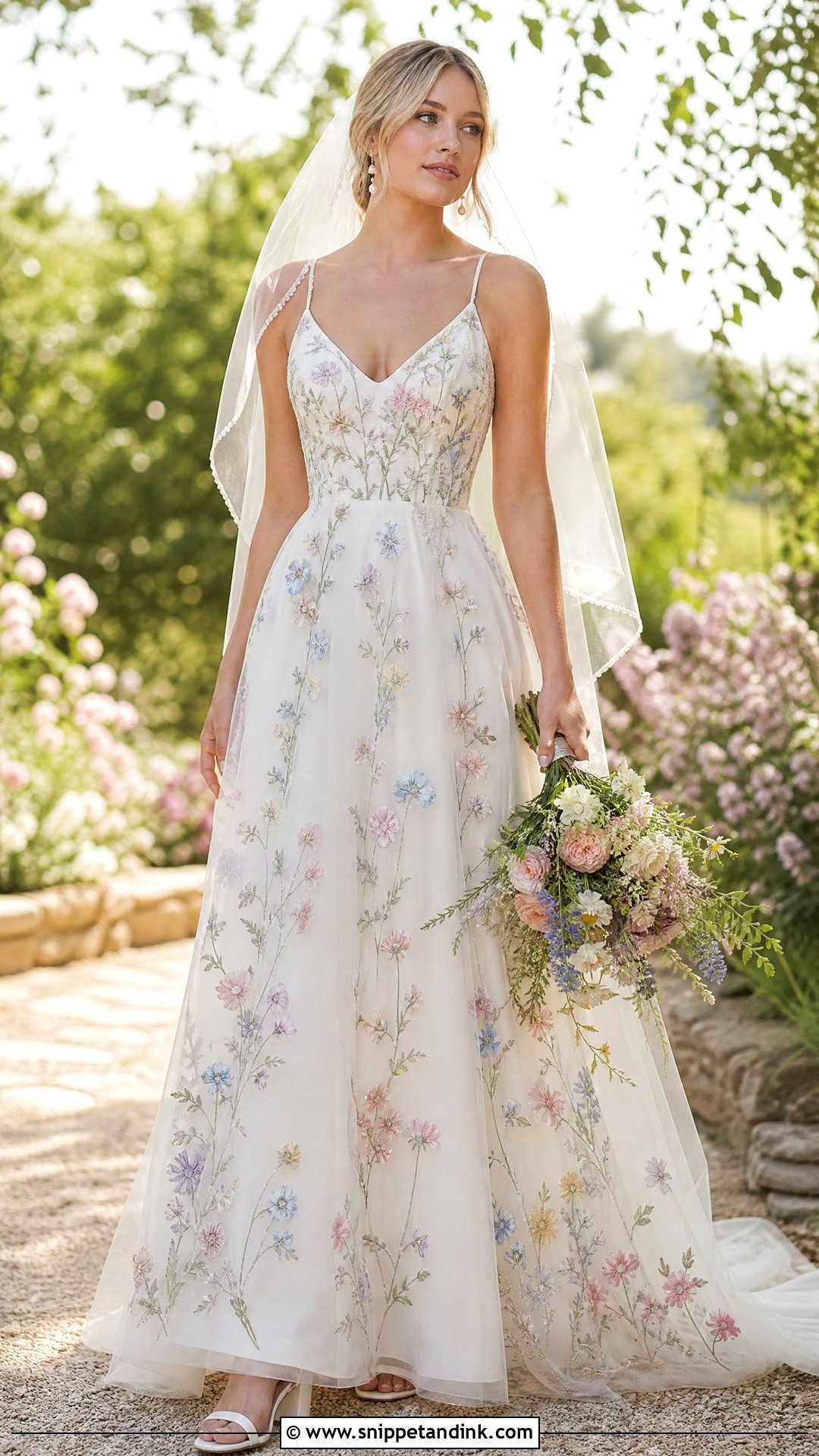 A Line Wedding Dress with Wildflower Embroidery - Snippet and Ink - 20 Wedding Dress with Flower Embroidery Ideas