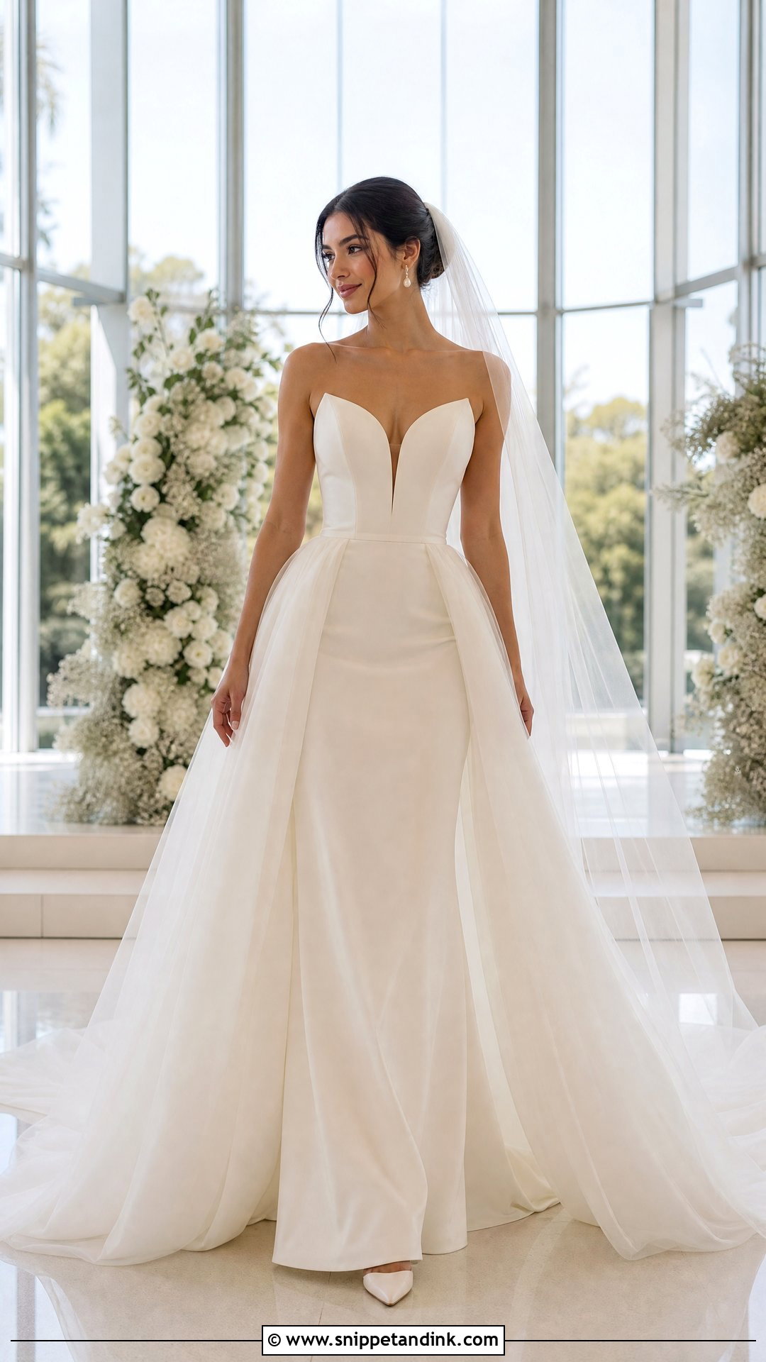 A Line Wedding Gown With Detachable Overskirt - Snippet and Ink - 25 Two Way Wedding Gown Ideas