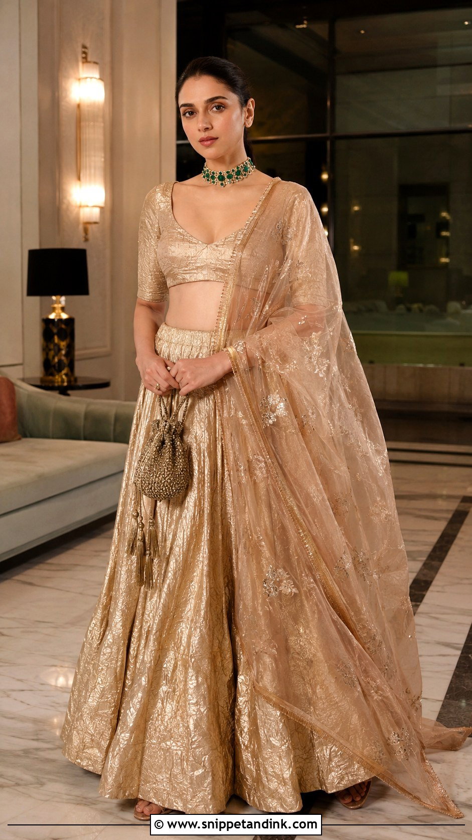 Aditi Rao Hydari Gold Crushed Silk Lehenga - Snippet and Ink - 20 Aditi Rao Hydari Wedding Outfit Ideas