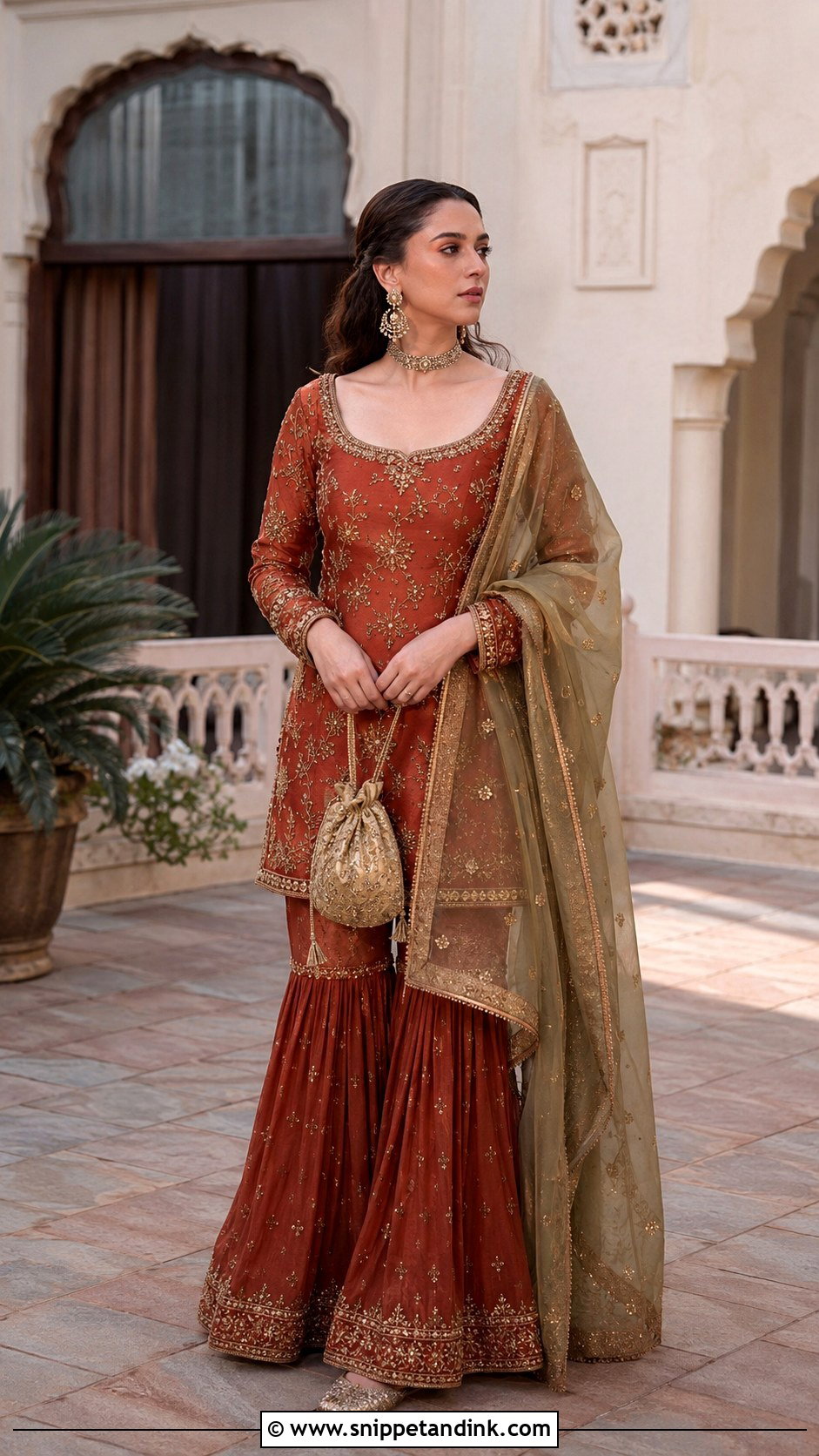Aditi Rao Hydari Rust Gharara - Snippet and Ink - 20 Aditi Rao Hydari Wedding Outfit Ideas
