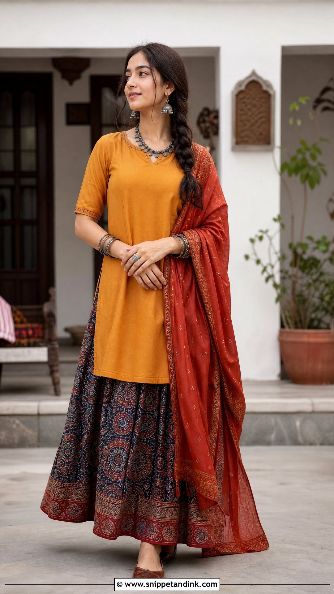 Ajrakh Skirt And Kurta Mehndi Outfit - Snippet and Ink - 20 Pre Wedding Traditional Outfits