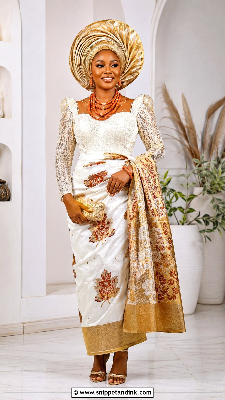 Akwa Ibom Bride Head Tie And Wrapper Outfit - Snippet and Ink - 25 Akwa Ibom Traditional Wedding Attire Ideas