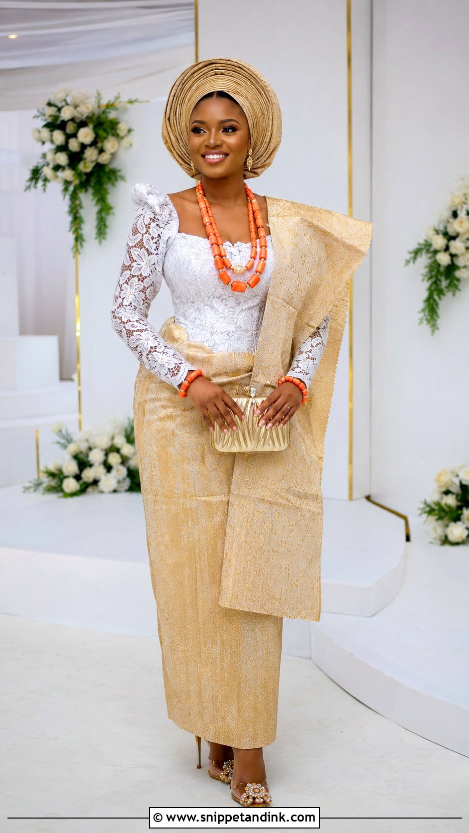 Akwa Ibom Bride White And Gold Attire - Snippet and Ink - 25 Akwa Ibom Traditional Wedding Attire Ideas