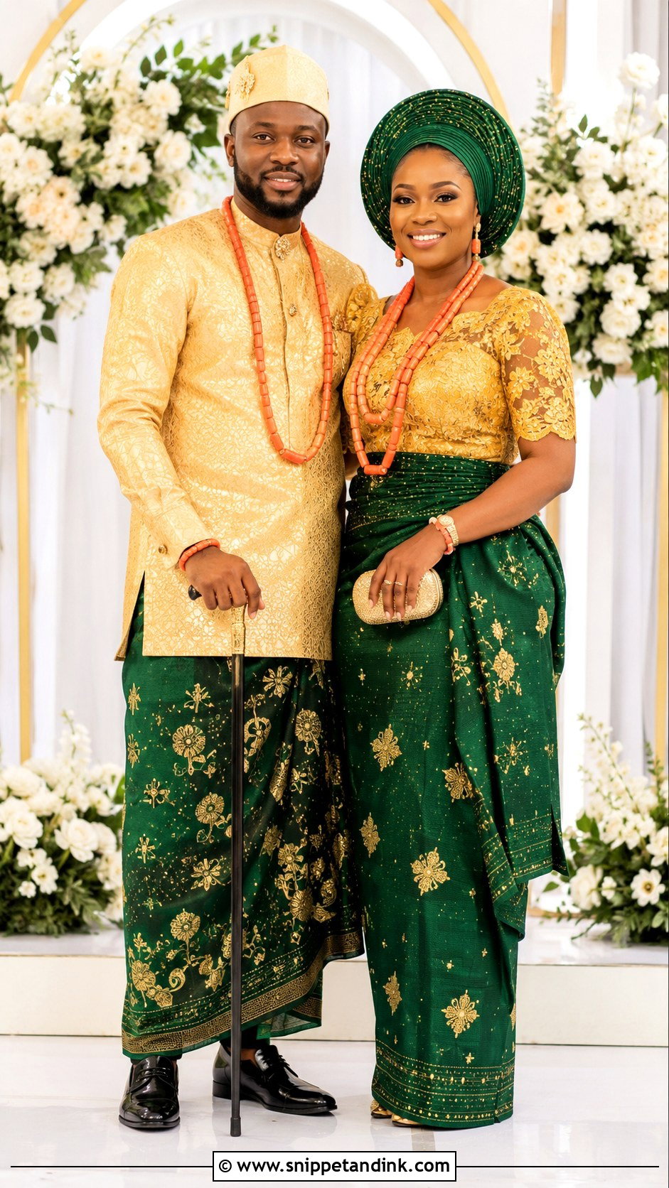 Akwa Ibom Couple Gold And Green Attire - Snippet and Ink - 25 Akwa Ibom Traditional Wedding Attire Ideas