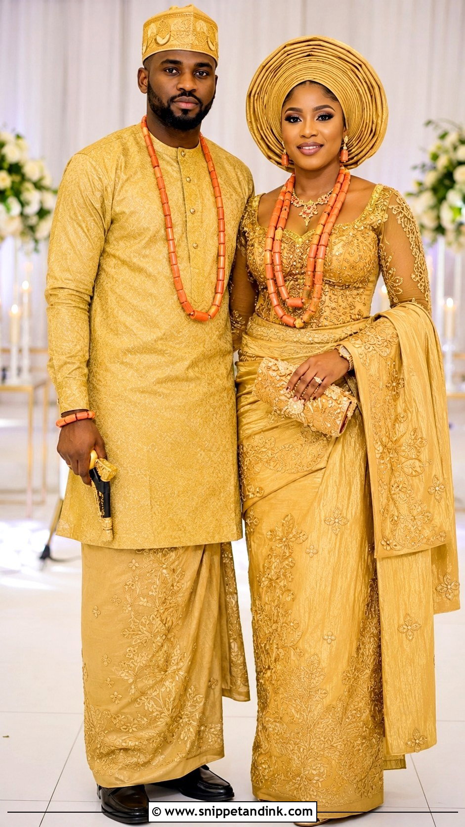 Akwa Ibom Couple Matching George Attire - Snippet and Ink - 25 Akwa Ibom Traditional Wedding Attire Ideas