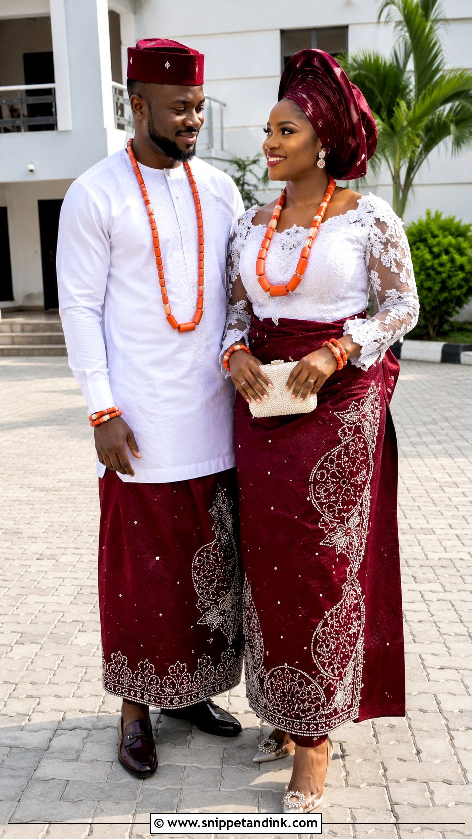 Akwa Ibom Couple White And Wine Attire - Snippet and Ink - 25 Akwa Ibom Traditional Wedding Attire Ideas
