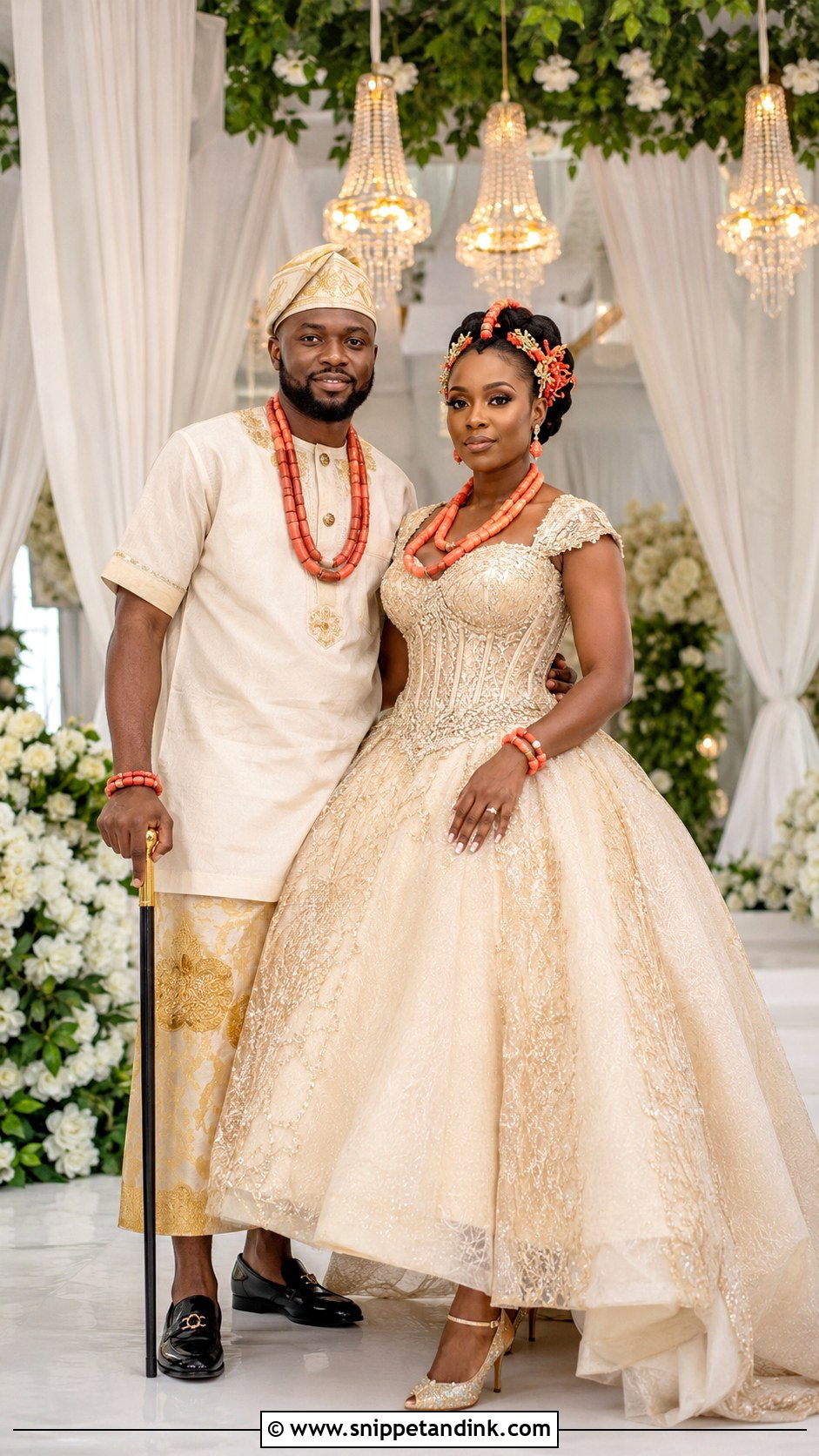 Akwa Ibom Traditional Marriage Attire With Flowing Gown - Snippet and Ink - 25 Traditional Marriage Attires in Nigeria Ideas