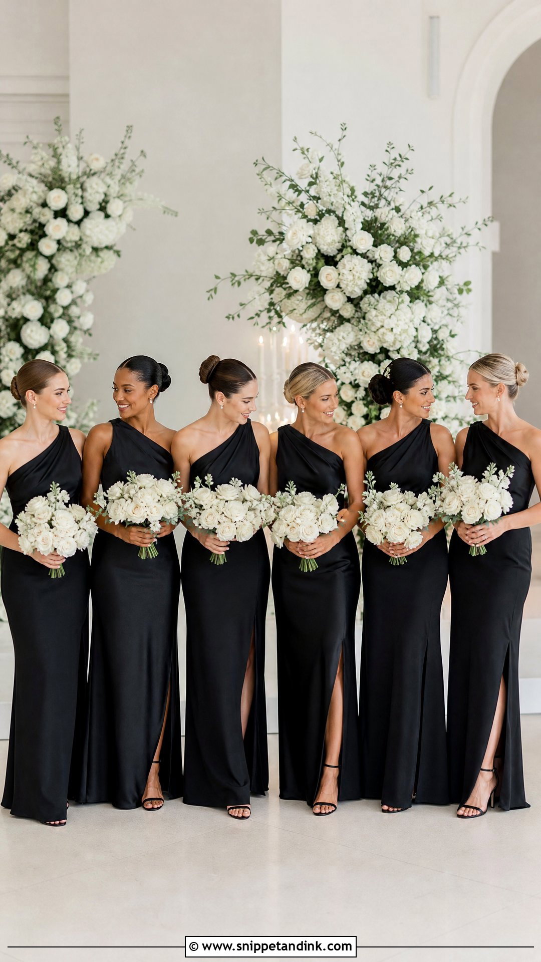 All Black Bridal Party One Shoulder Dresses - Snippet and Ink - 25 All Black Bridal Party Ideas