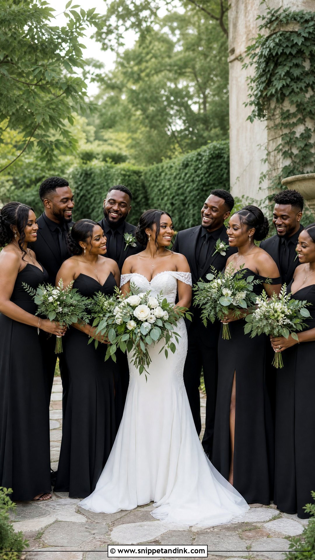 All Black Bridal Party With Greenery Bouquets - Snippet and Ink - 25 All Black Bridal Party Ideas