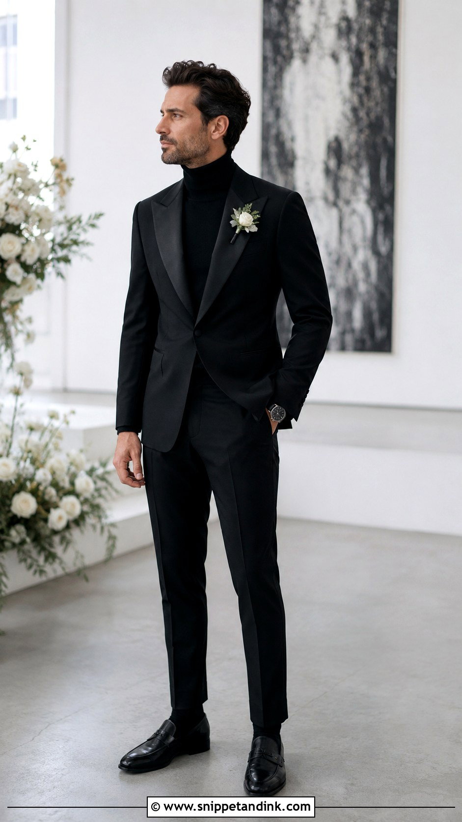 All Black Tux With Turtleneck - Snippet and Ink - 20 All Black Tux Wedding Ideas