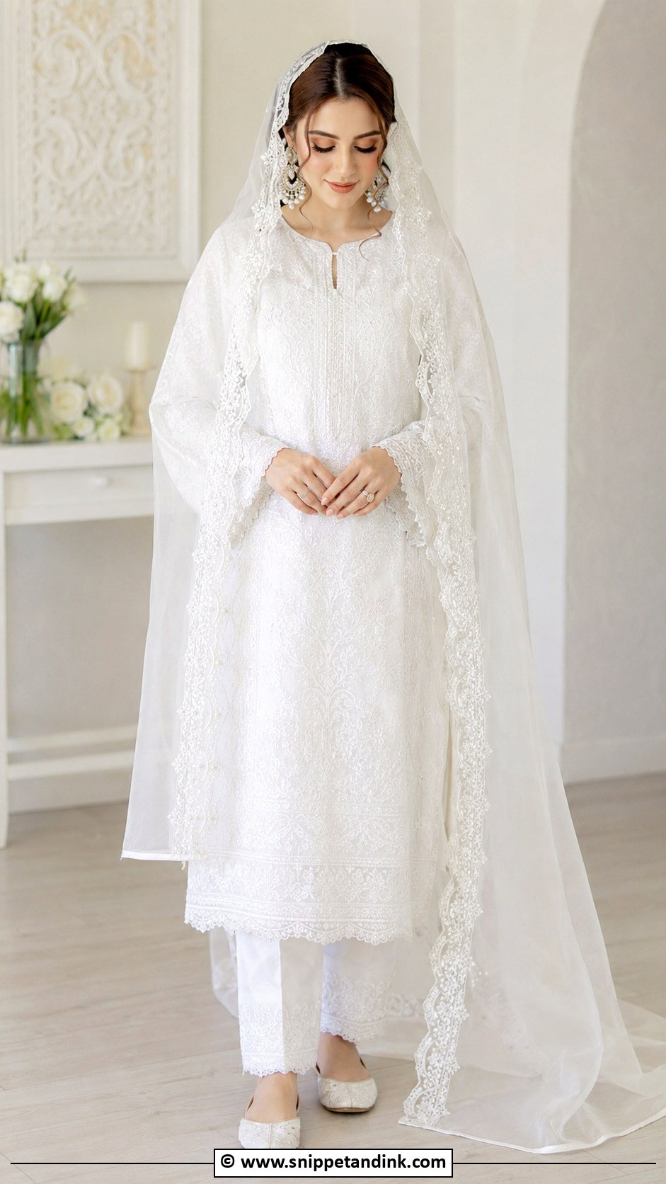 All White Nikkah Suit With Embroidered Trousers - Snippet and Ink - 30 Pakistani Nikkah Dress Ideas