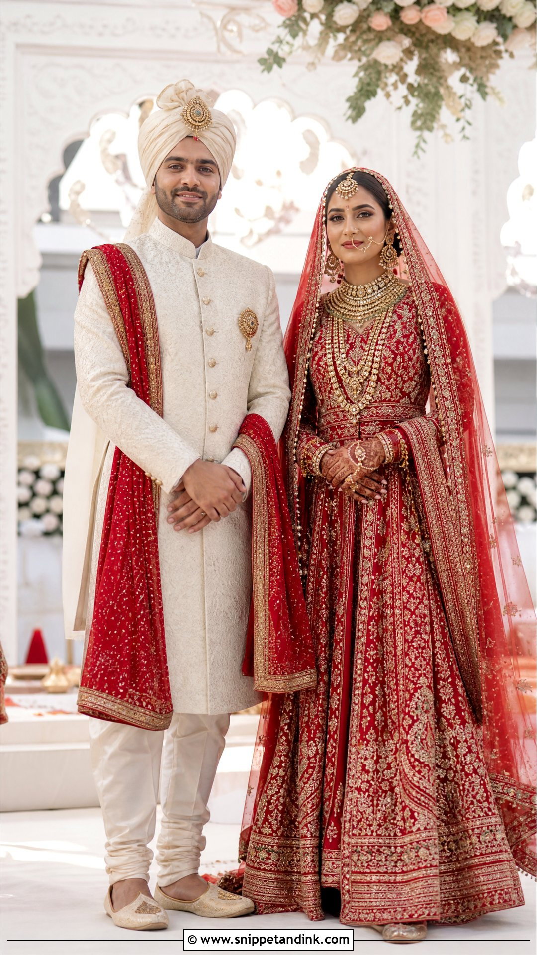 Anarkali Bridal Outfit With Sherwani - Snippet and Ink - 25 Indian Hindu Couple Wedding Dress Ideas