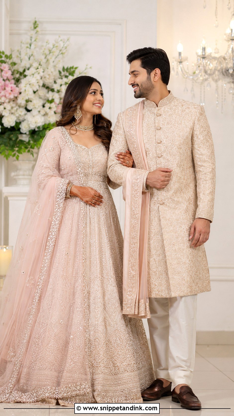 Anarkali Gown And Sherwani - Snippet and Ink - 25 Indian Couple Ring Ceremony Dress Ideas
