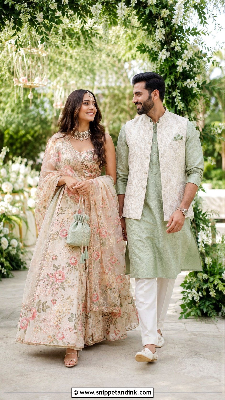 Anarkali and Nehru Jacket Couple Wedding Outfit - Snippet and Ink - 20 Couple Dress for Wedding Ideas
