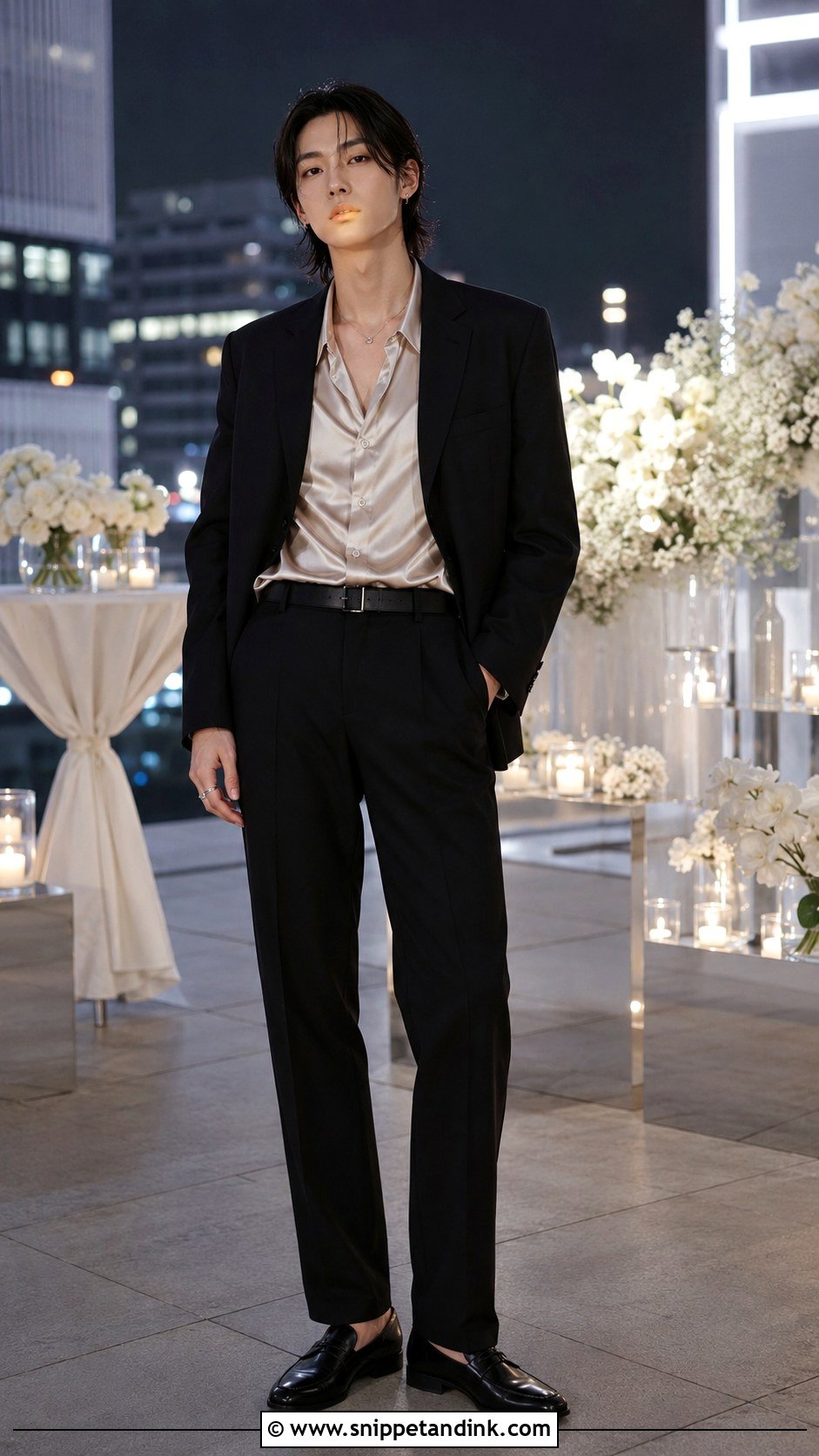 Androgynous Satin Shirt And Suit Outfit - Snippet and Ink - 25 Androgynous Wedding Attire Ideas
