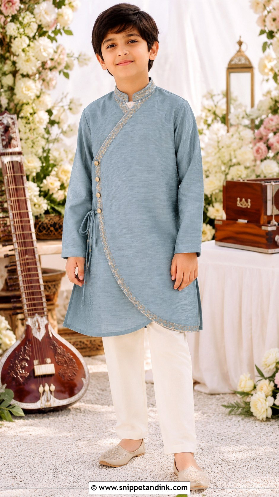 Angrakha Kurta With Straight Pants - Snippet and Ink - 20 Boys Sangeet Outfit Ideas