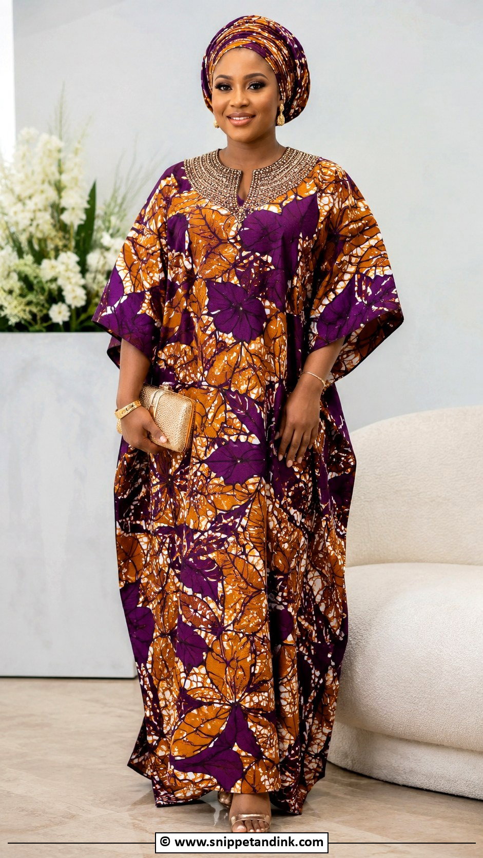 Ankara Asoebi Kaftan With Beaded Neckline - Snippet and Ink - 25 Ankara Asoebi Styles for Wedding