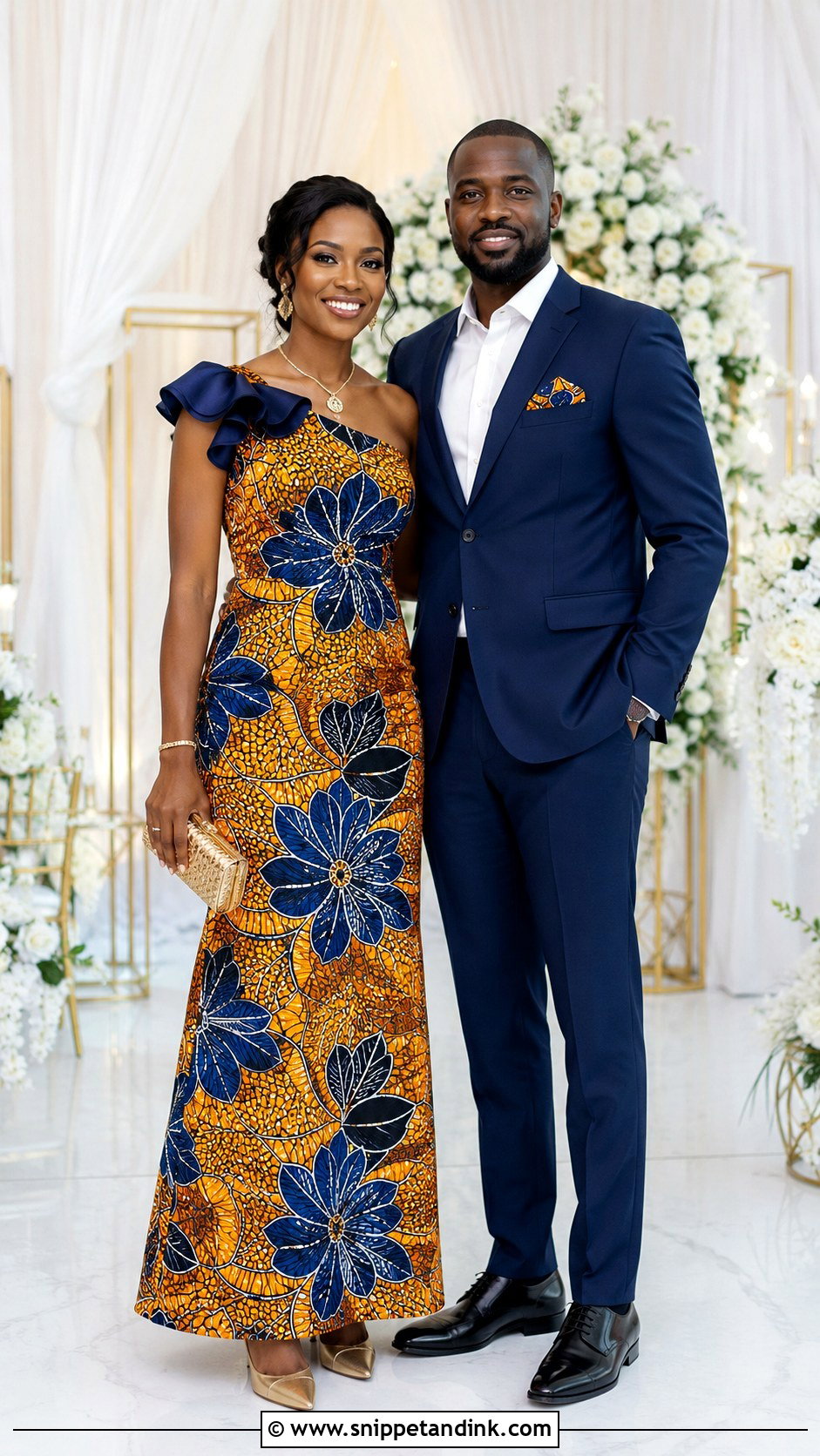 Ankara Dress And Coordinated Suit Couple Wedding Outfit - Snippet and Ink - 20 Couples Wedding Outfits