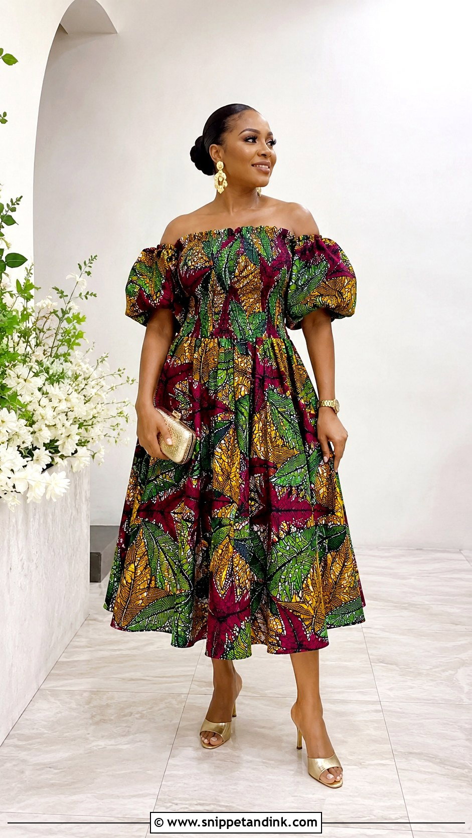 Ankara Off Shoulder Gathered Gown - Snippet and Ink - 25 Gathers Gown Ankara Ideas